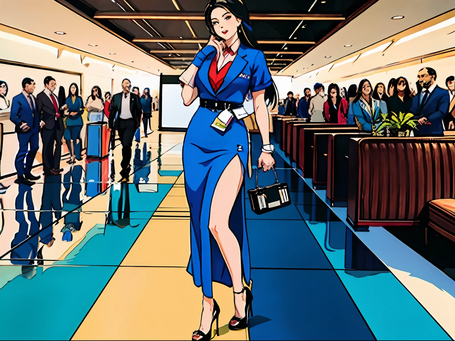 A twenty-year-old young woman，（（cabelos preto e longos）），Bigchest，Wearing a blue flight attendant uniform，black lence stockings，Blue high heels，There were a lot of passengers in the airport hall，Holding a pink trolley case in his hand，Walk towards the lounge，In the daytime，in a panoramic view