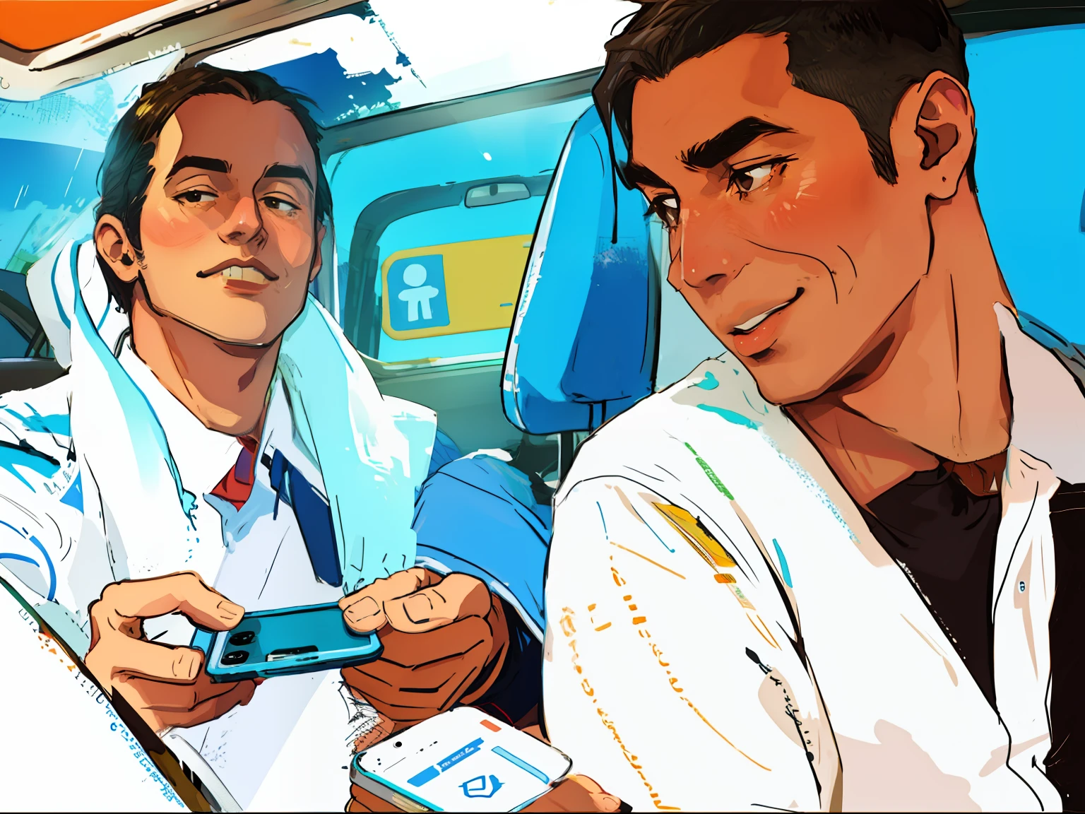 wireframes,Thick strokes,handpainted,The man behind held the phone with his hands sideways,Men play games,pay,cabs,Two people in the car
