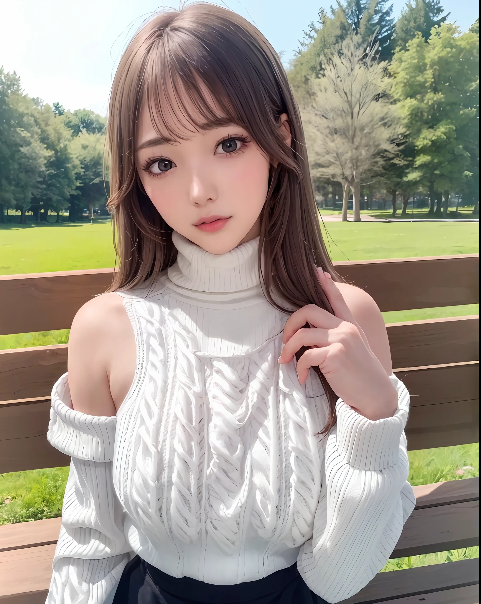 pureerosface_v1, best quality, photorealistic, 8k, high res, full color, 1girl, woman, 20 years old woman, (closed mouth:1.52), (skindentation), (portrait:0.6), trees, park bench, daylight, ((park background:1.52)), full color, ((necksweater:1.68)), straight-looking at viewer:1.8, (1girl eyes looking at viewer:1.55), (shoulder-length hair, blackhair, partedbangs:1.45), (bokeh),
