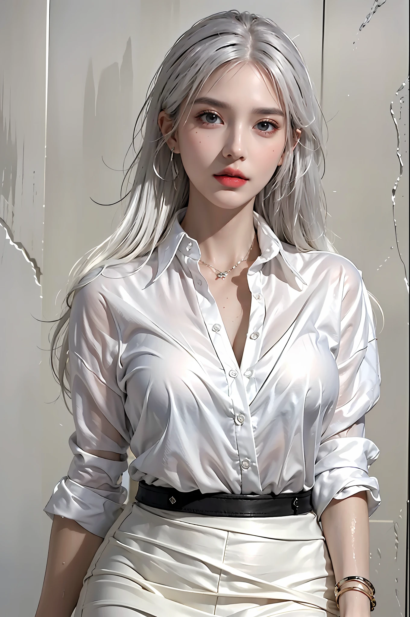 photorealistic, high resolution, 1 woman, hips up, beautiful eyes, wet skin, white hair, medium breast, collared shirt, black pencil skirt, streetwear, bracelets,elegant necklace, elegant diamond earrings