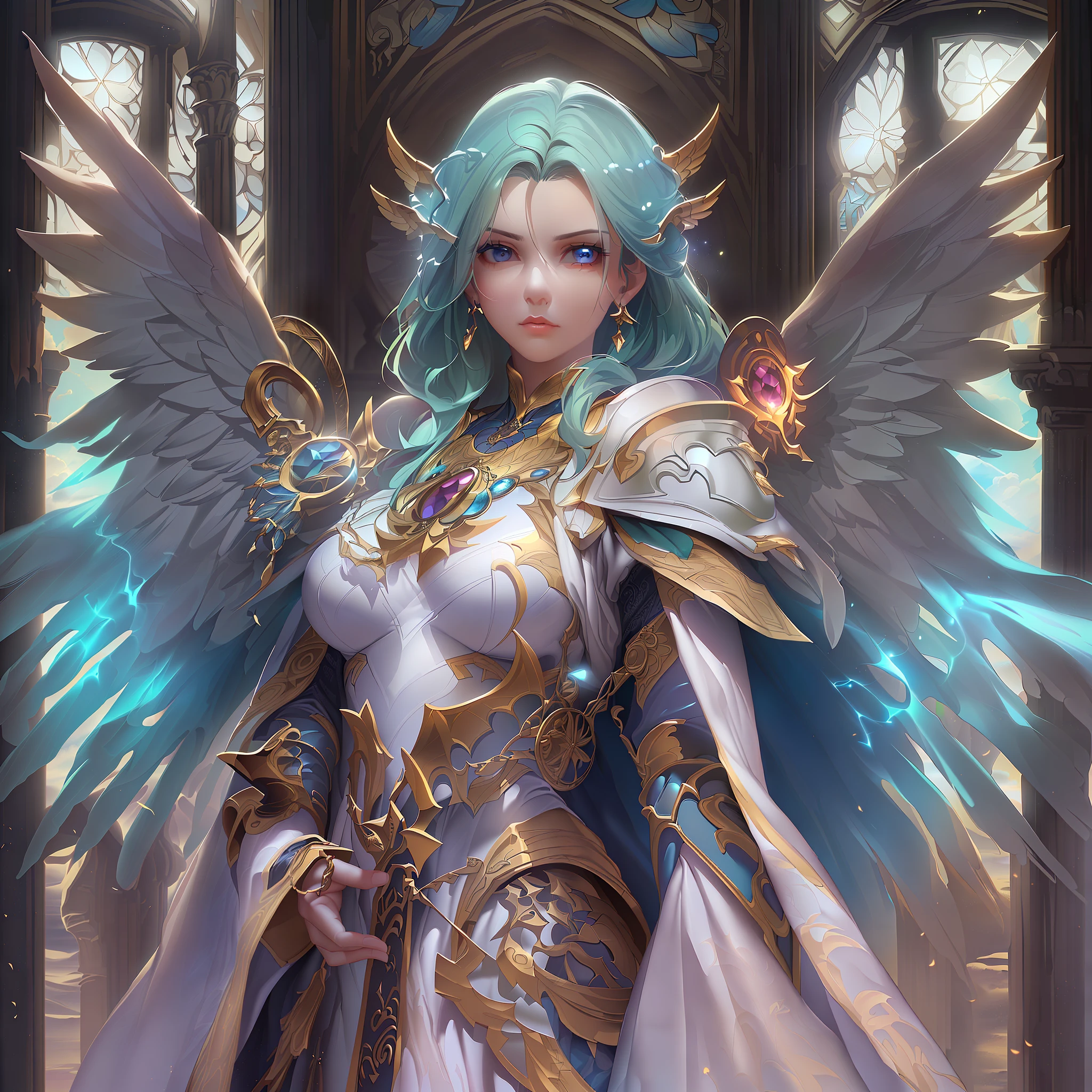 8k, ultra detailed, masterpiece, best quality, (extremely detailed), arafed, dnd art, panoramic view, full body, aasimar cleric casting a flaming spell, aasimar, female, (Masterpiece 1.3, intense details), female, cleric, holy warrior, casting radiant spell, divine spell (Masterpiece 1.3, intense details) large angelic wings, azure angelic wings spread (Masterpiece 1.3, intense details), fantasy divinel background (Masterpiece 1.5, intense details), sun, clouds, wearing white armor (Masterpiece 1.5, intense details), blue cloak, flowing robe (Masterpiece 1.3, intense details), high heeled boots (Masterpiece 1.3, intense details), armed with mace, metalic hair, green eyes, intense eyes, feminine, ultra detailed face, (Masterpiece 1.5, best quality), anatomically correct (Masterpiece 1.3, intense details), determined face, divine light, cinematic lighting, soft light, silhouette, photorealism, panoramic view (Masterpiece 1.3, intense details) , Wide-Angle, Ultra-Wide Angle, 8k, highres, best quality, high details