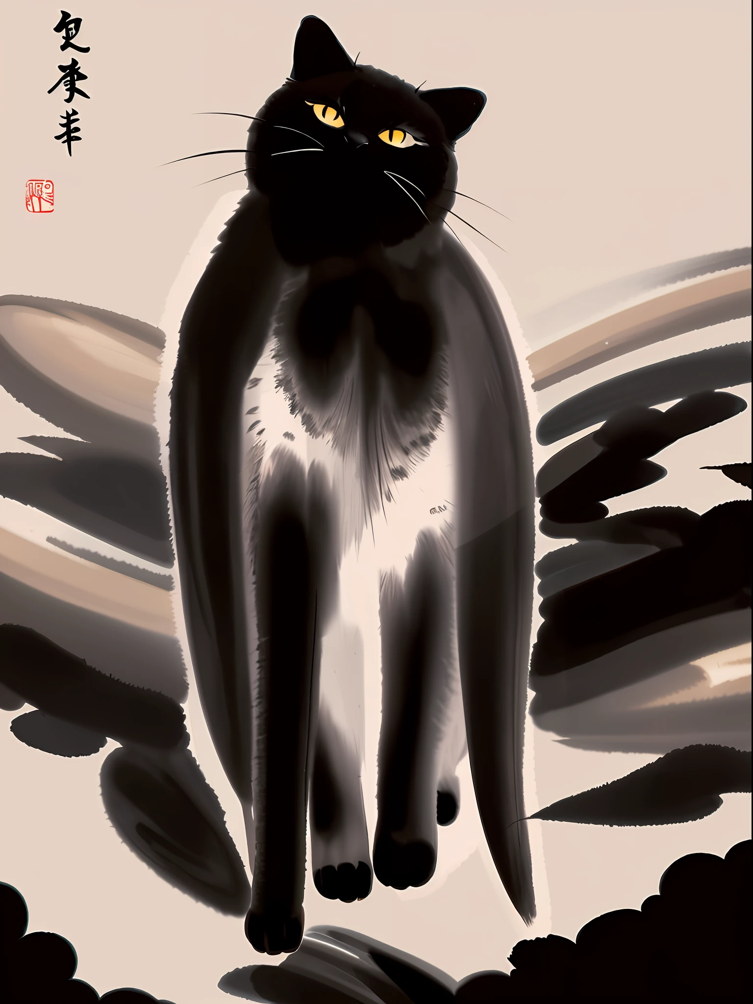 shukezouma, negative space, , shuimobysim , a cat, traditional chinese ink painting,