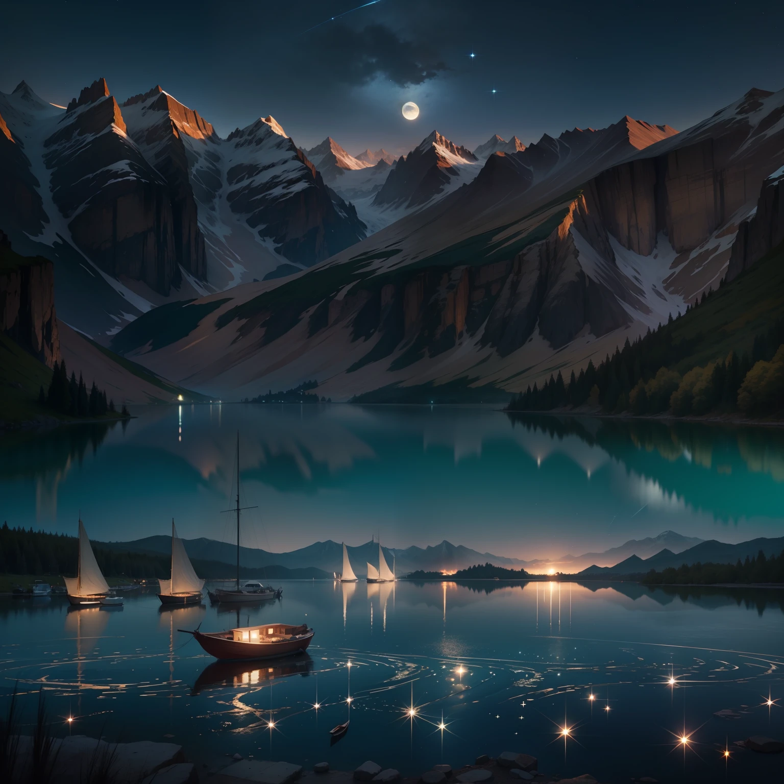 Lakes, reflections, starry sky, big moons, mountains, boats