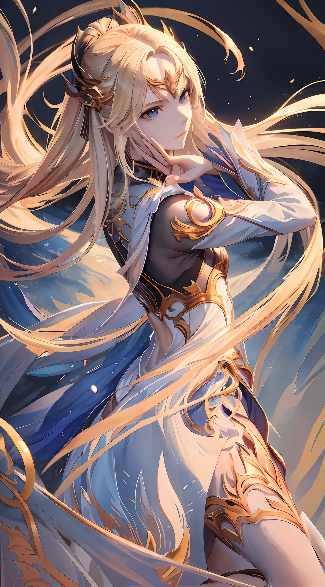 beach, lux, luxanna crownguard, league of legends, cowboy shot, looking at viewer, 1girl, solo, blonde hair, blue eyes, blue pants, blue bodysuit, bodysuit, impossible bodysuit, brown hairband, hairband, long hair, long sleeves, shoulder plates, breastplate, sapphire, standing, (arms behind back),