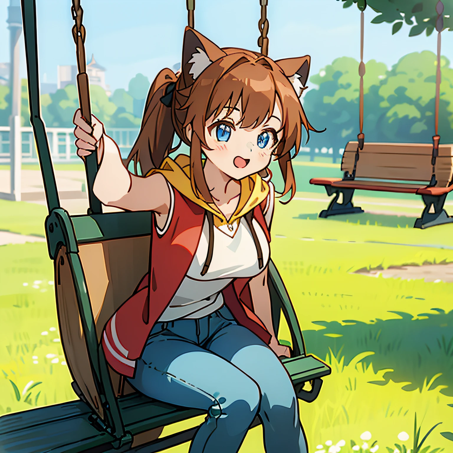 One girl. (masterpiece, of the highest quality, Kyoto Animation Style Illustration, of the highest quality, Official art, aesthetics, Beautiful details, :1. 2), BREAK, (17 years old girl), Very detailed, colourfull, highest details, BREAK, (huge breasts: 1. 2,), Clear skin, Beautiful skin, Shy skin, with fringes, 1 beautiful girl, Brown hair, (Cat ears, Ponytail, medium-Long hair: 1. 2), (Light blue eyes, long eyelashes, Double eyelids: 1. 2), Solo, (Jeans shorts:1.1),(red Sleeveless Hoodie:1.2),BREAK,walking,Surprised face when meeting someone they know,BREAK,(in the park room:1.3),(Swings, benches, seesaws:1.5),( several schoolchildren),window,