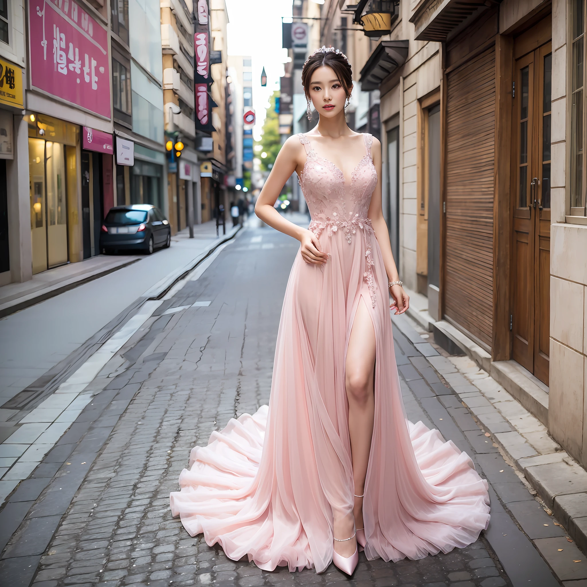 Woman in pink dress standing on the street, Wearing a pink ballroom gown, Pink dress, Flowing gown, romantic dress, soft elegant gown, dressed beautiful gown, Dressed in a pink dress, wearing an evening gown, Wearing elegant dresses, Wearing a pink dress, wearing long gown, korean female fashion model, inspired by Kim Jeong-hui