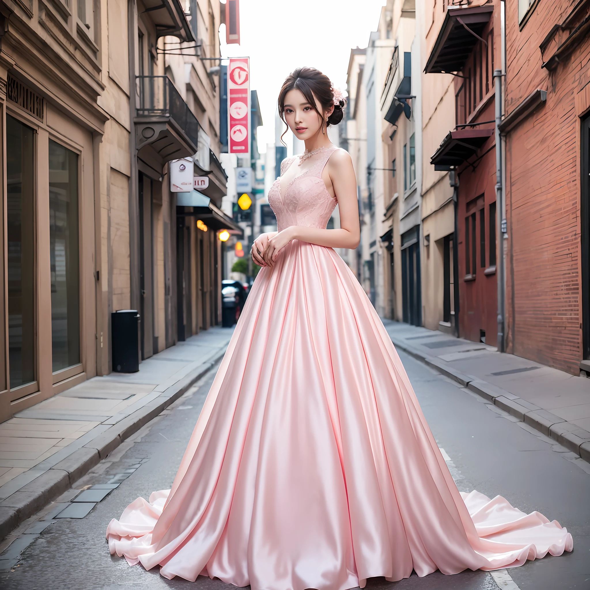 Woman in pink dress standing on the street, Wearing a pink ballroom gown, Pink dress, Flowing gown, romantic dress, soft elegant gown, dressed beautiful gown, Dressed in a pink dress, wearing an evening gown, Wearing elegant dresses, Wearing a pink dress, wearing long gown, korean female fashion model, inspired by Kim Jeong-hui