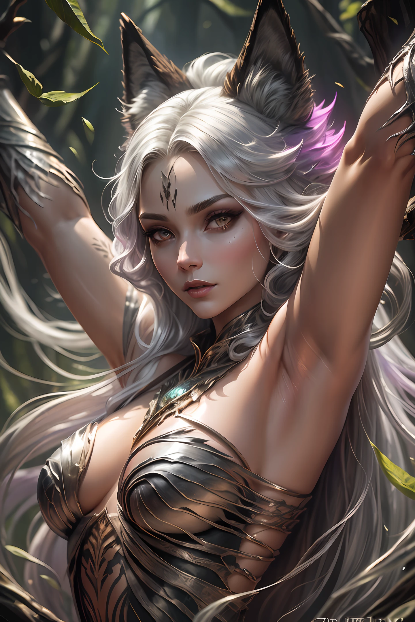 female body wolf, purple fur, long silver claws, arms outstretched, howl humain face, black skin, pink eyes, pink lips, prominent silver canine --auto --s2