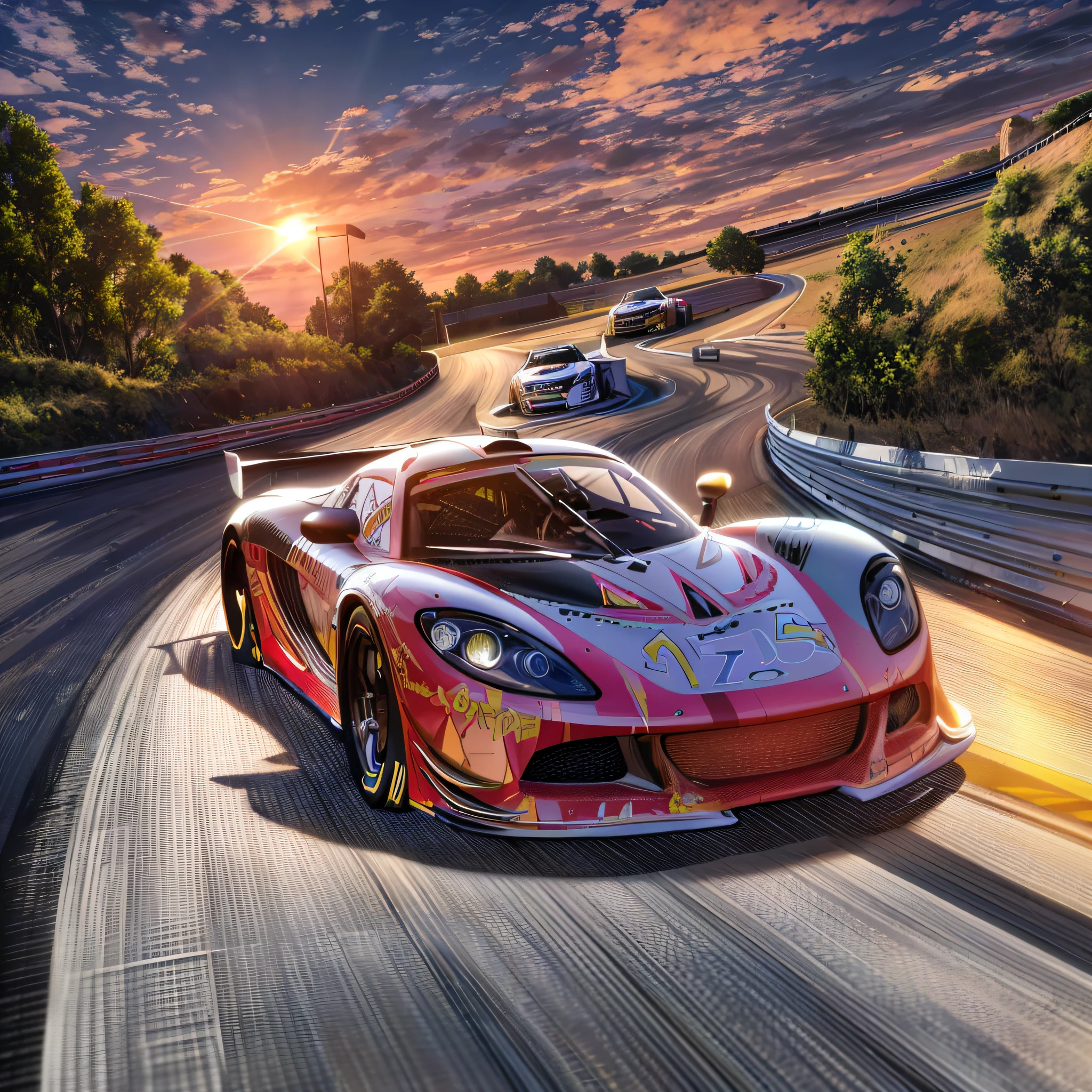 3d  carro com pintura semalhante os carros da nascar  super realistico, parabrisa preto, reflexo do sol batendo na pintura de forma natural , rodas  vermelhas cromadas, peneu de borracha bem detalhado , efeito de velocidade , imagem 64k