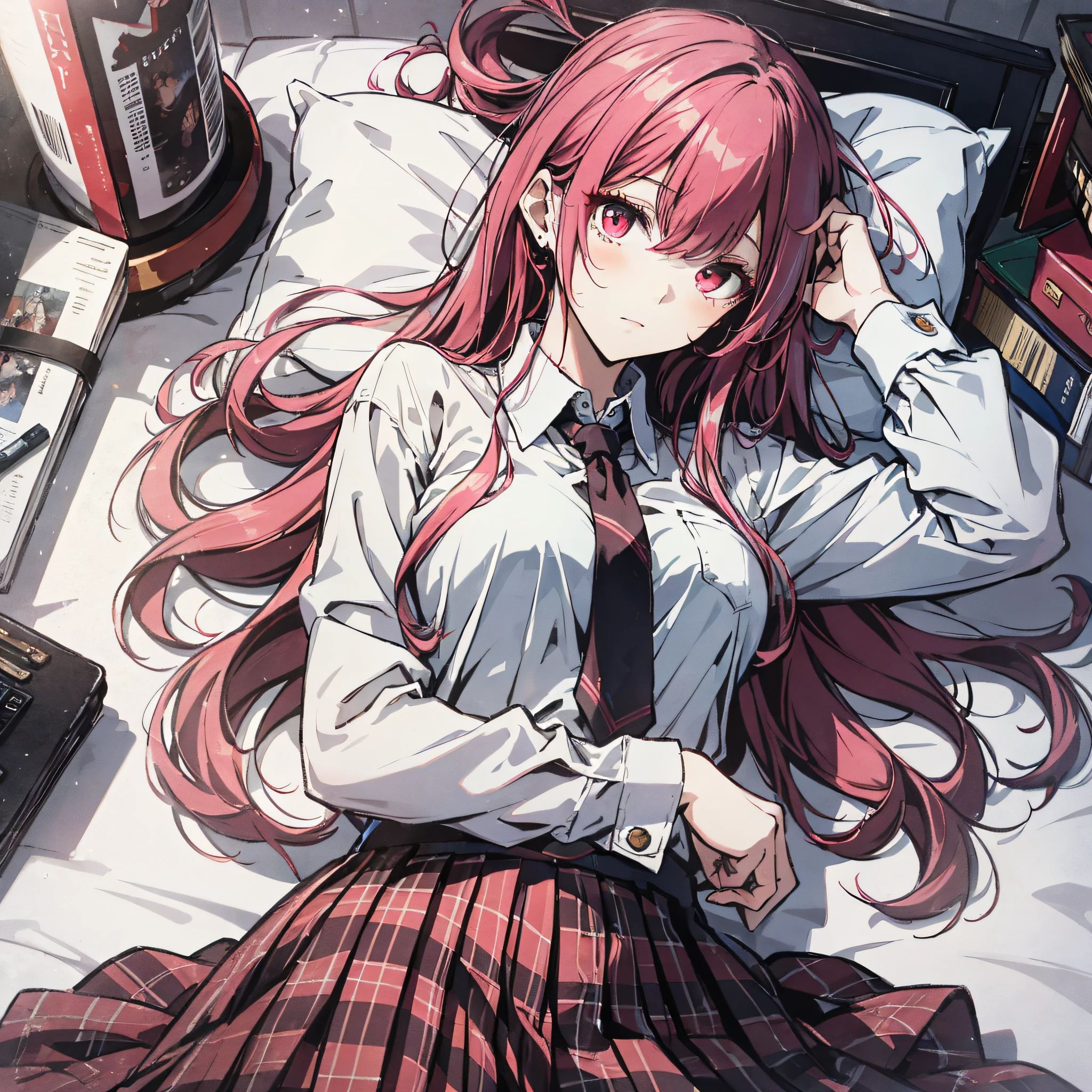 Ridiculous resolution,A high resolution,(tmasterpiece:1.4),Hyper-detailing,Pink Long Hair, 1girll, dual horsetail, Solo, red color eyes, deceptive, white necktie, Pleated plaid red skirt, school uniform, Zombie role-playing,onbed,Lie down