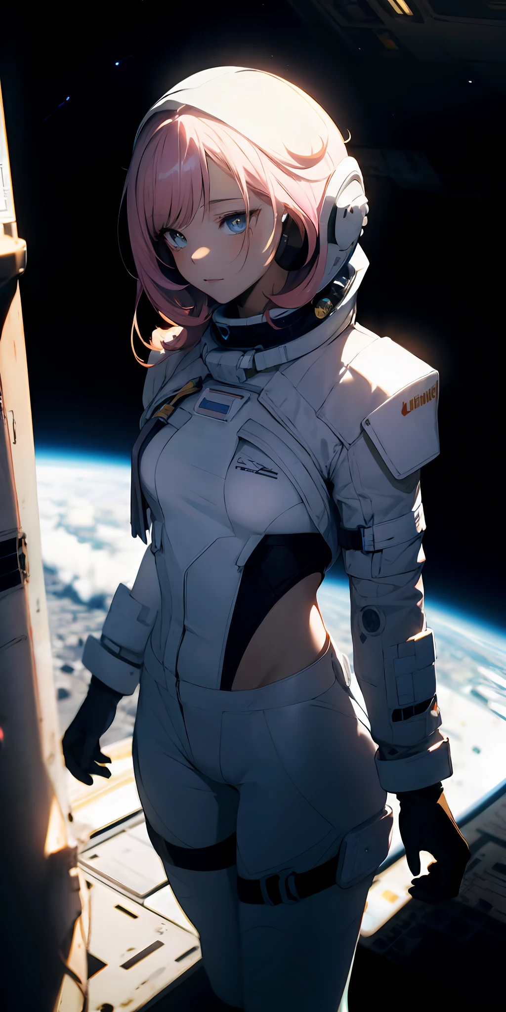 absurd res, high res, (masterpiece:1.4), ultra-detailed, 1girl, from above, space, floating, space suit, sharp focus, (cinematic lighting), (1girl)