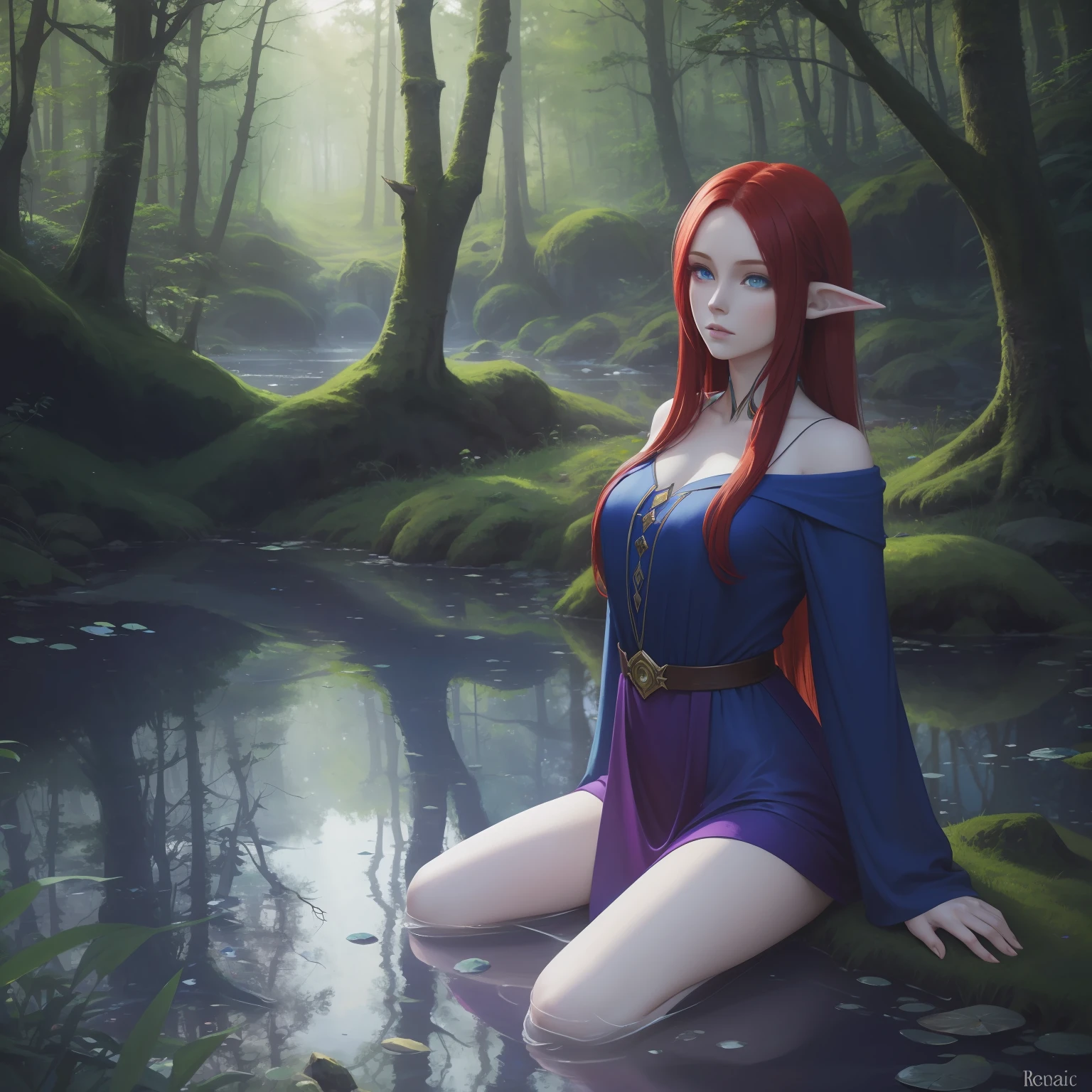 (masterpiece), 25years old model (caucasian) with alien blue skin, elf ears, (extremely long red hair), (laying on the ground with hand on her hip), [[[[Magical purple lake]]]], magical forest landscape, 4k, digital art, oil paint, fantasy