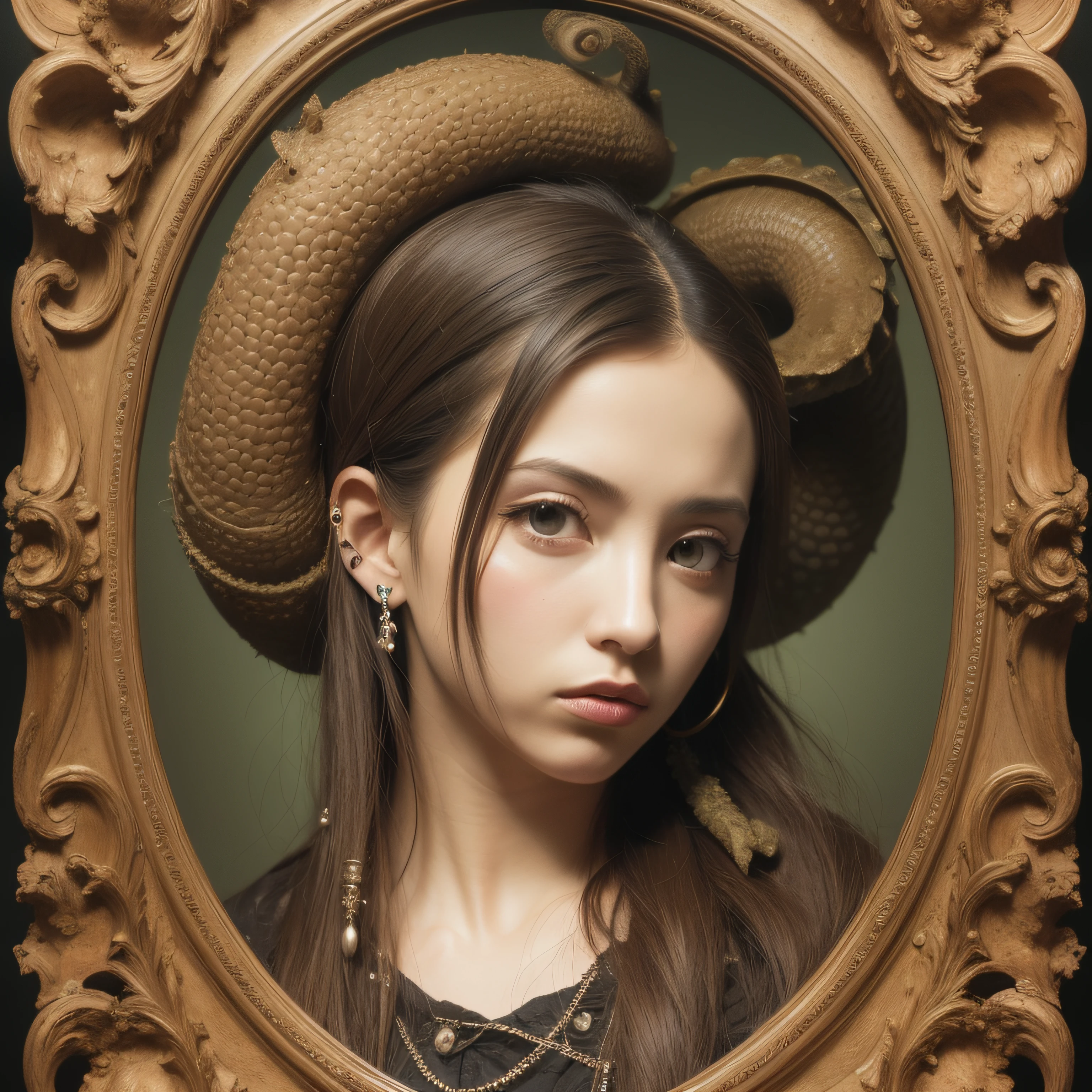 (extremadamente detallado, obra maestra, La mejor calidad), Estilo oscuro, intense illumination, rostro con arrugas, lengua larga, colmillos, tentacle, deforme, monstruoso, amenazante. mujer punk. Rococo composition. Luz de caravaggio