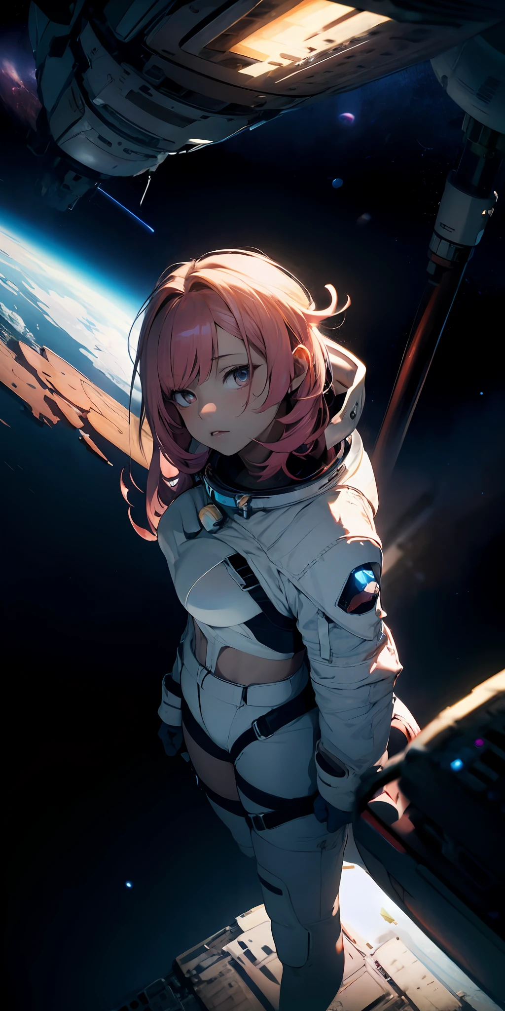 absurd res, high res, (masterpiece:1.4), ultra-detailed, 1girl, from above, space, floating, space suit, sharp focus, (cinematic lighting), (1girl)
