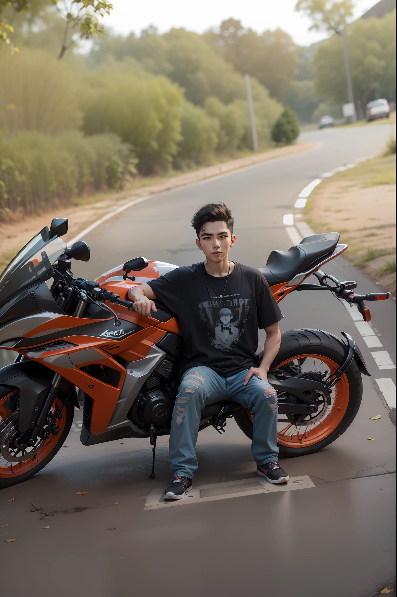 Background change smart boy with rech bike ultra modem realistic face