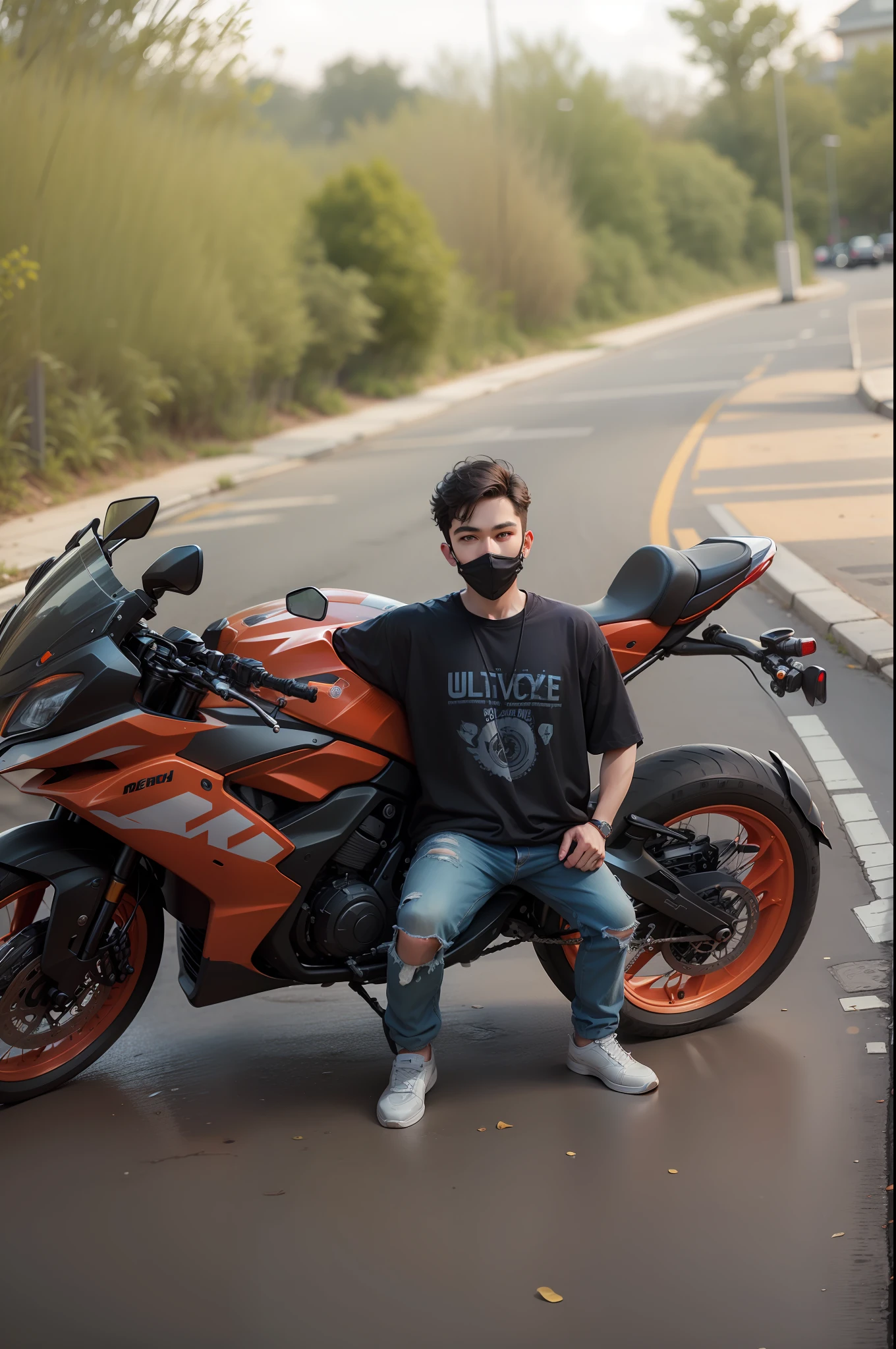 Background change smart boy with rech bike ultra modem realistic face