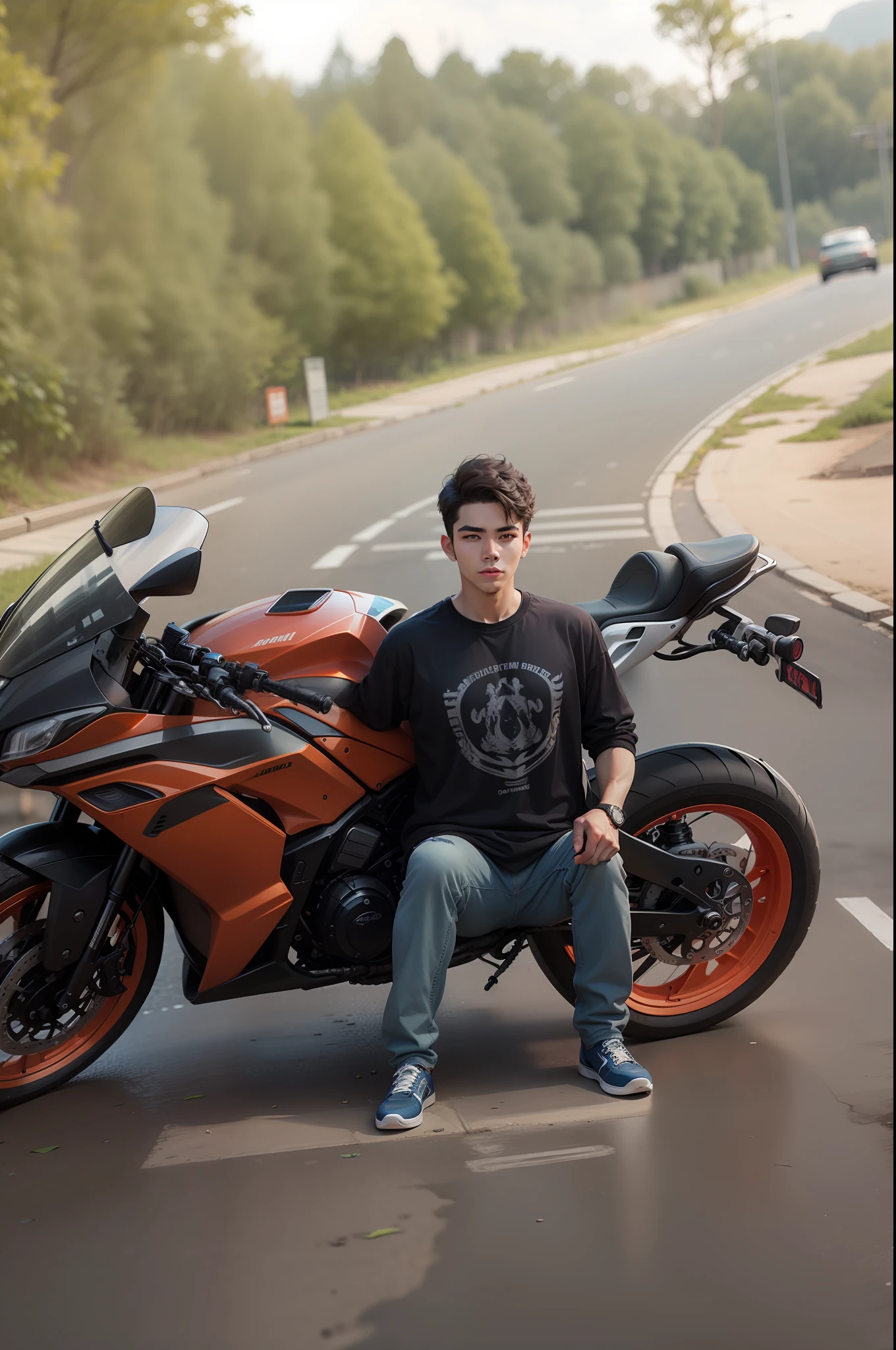 Background change smart boy with rech bike ultra modem realistic face