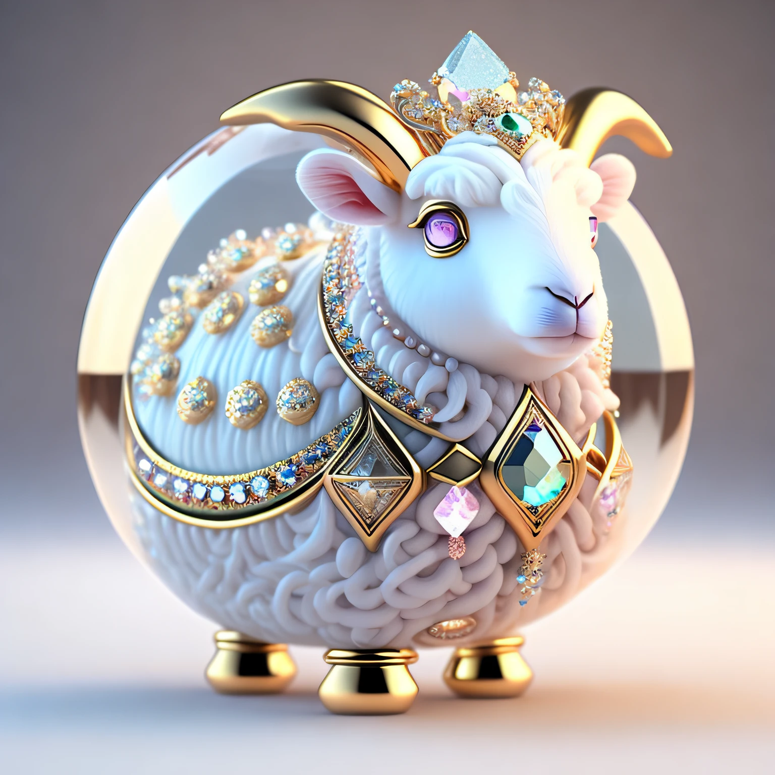 A cute crystal ball zodiac sheep embellished with various jewelry ornaments and a low-poly design for the eyes, is a highly detailed and complex conceptual artifact using Artstation 8k quality.