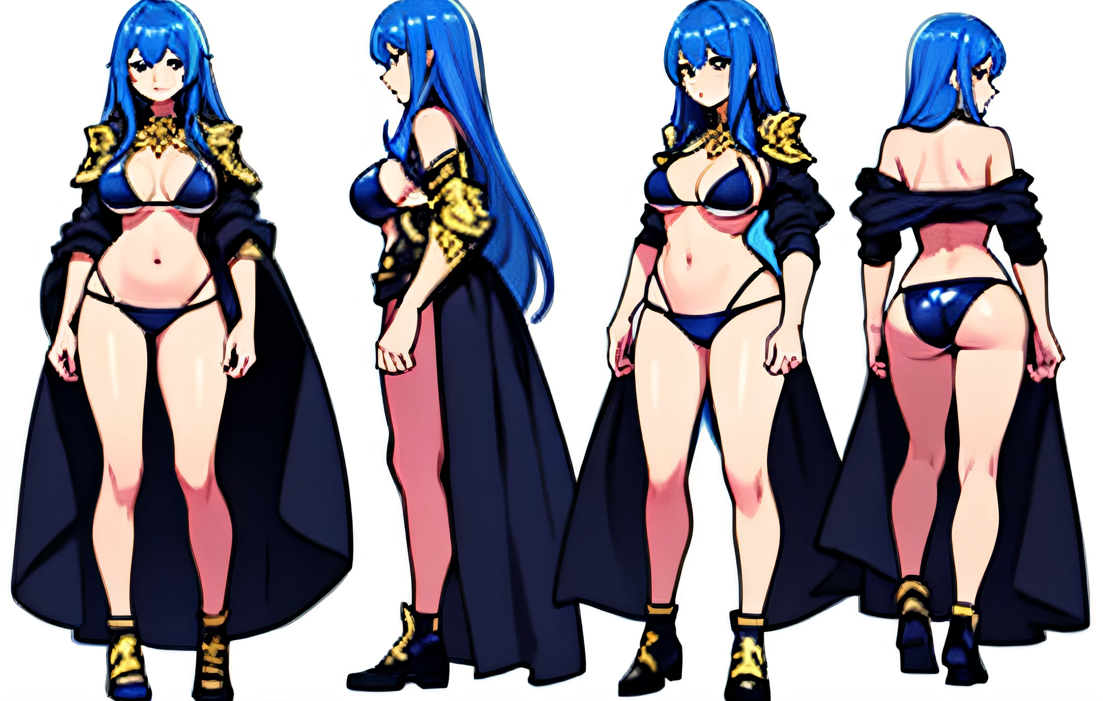 (character design, front, back, side) tall, (high quality), 1 girl, (hotify:1.2),27 years old,reference sheet, blue hair, long hair, detailed hair, bikini gold armor, big breasts, (wide hips:1.2), ornate bikini armor, portrait knights of zodiac girl, perfect eyes, blue eyes and detailed,detailed eyes, bare navel, free hands, intricate details, best quality,1girl,ultra high res, full body, multiple views of the character in the same outfit, simple background, white background