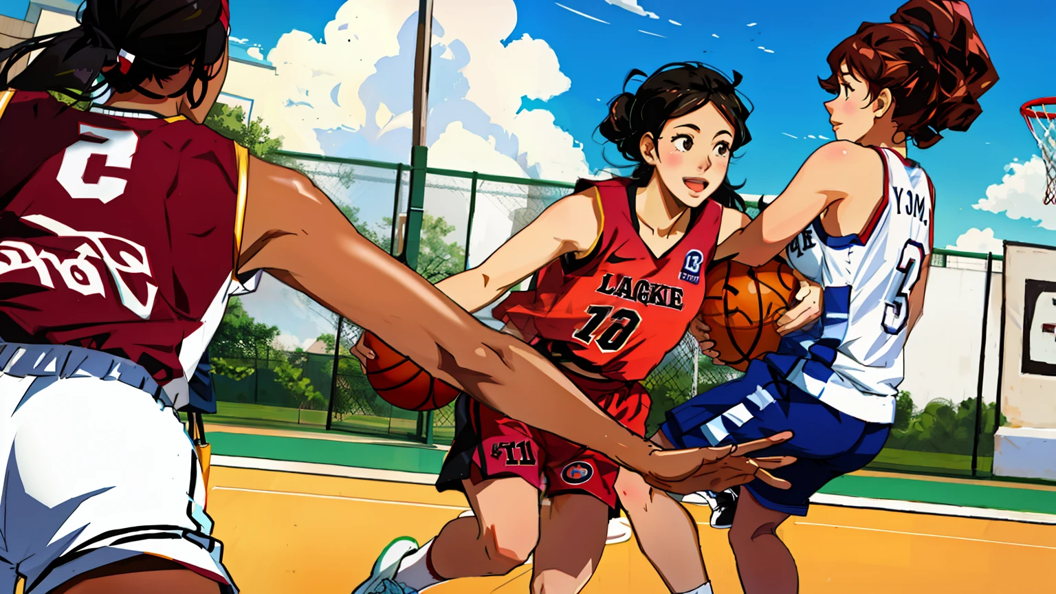 Three women，Playing the Basketball，Outdoor court，dribbble