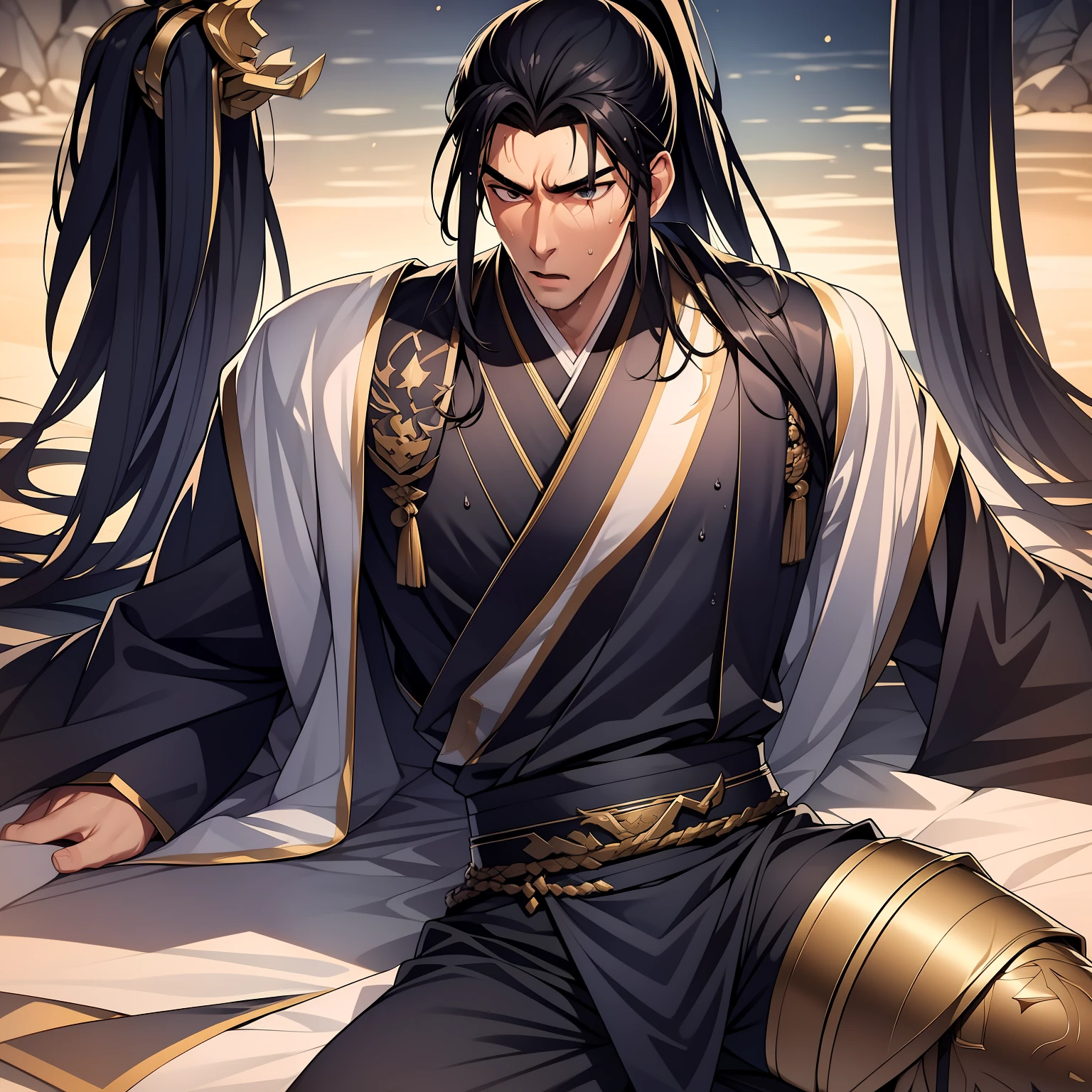 Two-dimensional, anime style, man (male warrior), muscle, correct proportions, face details, martial arts, high ponytail hairstyle, sweating, sweaty face, drooling, neck details, with Adam's apple, wet, wet, Hanfu costume, long robe, embroidered robe, dragon robe, clothing details, collar, long sleeves, game quality, swordsman demeanor, light and shadow tracing, ray tracing, detail glow, CG rendering, hair details, long black hair, golden eyes, sweaty face, handsome, handsome, sweat beads slipping down the neck, (juvenile feeling), complex clothing, wet, wet, perfect composition, refinement, high quality, more details, a lot of details, complex background, atmosphere,