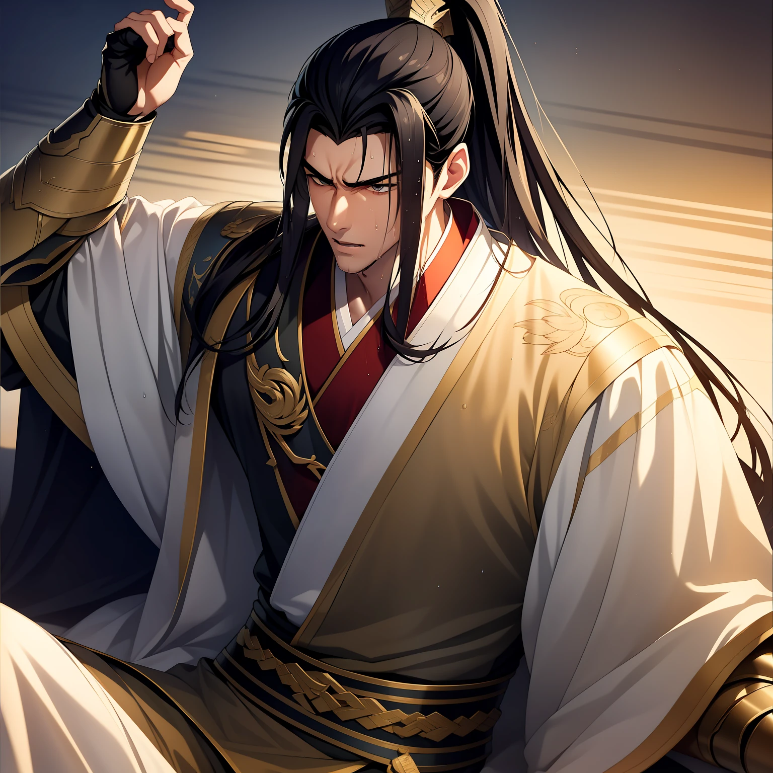 Two-dimensional, anime style, man (male warrior), muscle, correct proportions, face details, martial arts, high ponytail hairstyle, sweating, sweaty face, drooling, neck details, with Adam's apple, wet, wet, Hanfu costume, long robe, embroidered robe, dragon robe, clothing details, collar, long sleeves, game quality, swordsman demeanor, light and shadow tracing, ray tracing, detail glow, CG rendering, hair details, long black hair, golden eyes, sweaty face, handsome, handsome, sweat beads slipping down the neck, (juvenile feeling), complex clothing, wet, wet, perfect composition, refinement, high quality, more details, a lot of details, complex background, atmosphere,