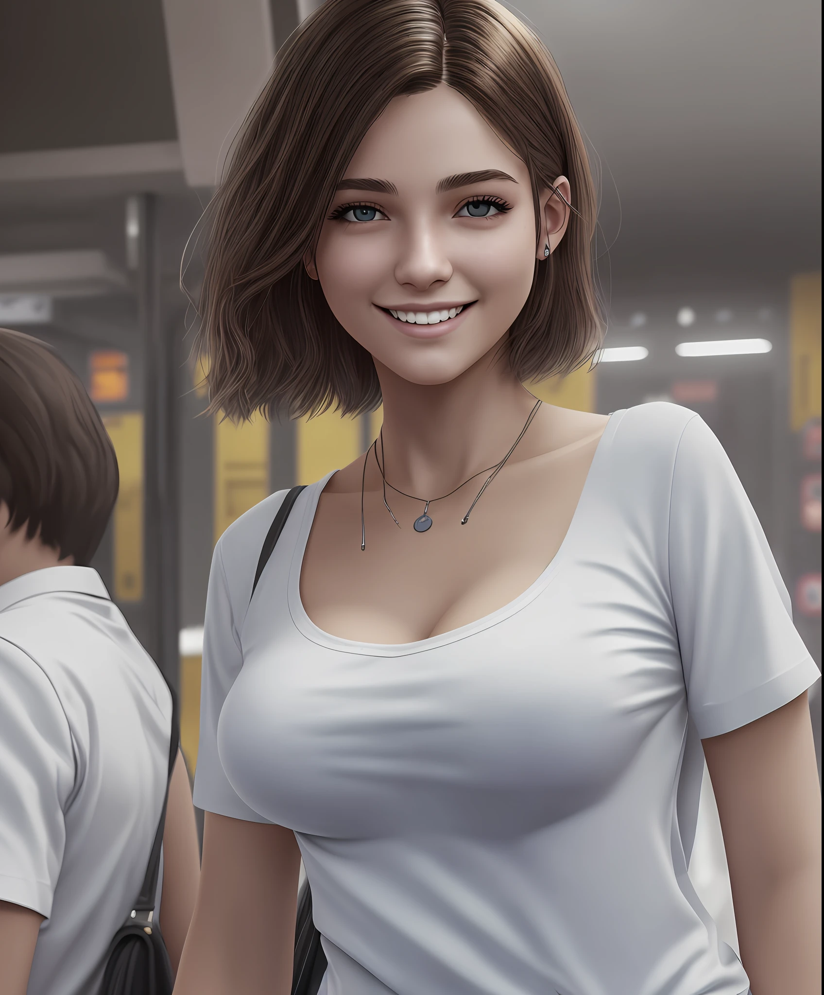 photorealistic, high contrast, 8k HD, detailed, hyper-detailed, best quality, ultra high res, raw photo, dramatic lighting, unreal engine, a very beautiful young smiling woman with a short hair, in the subway, crowded people, a large breast, wearing white shirts --auto --s2