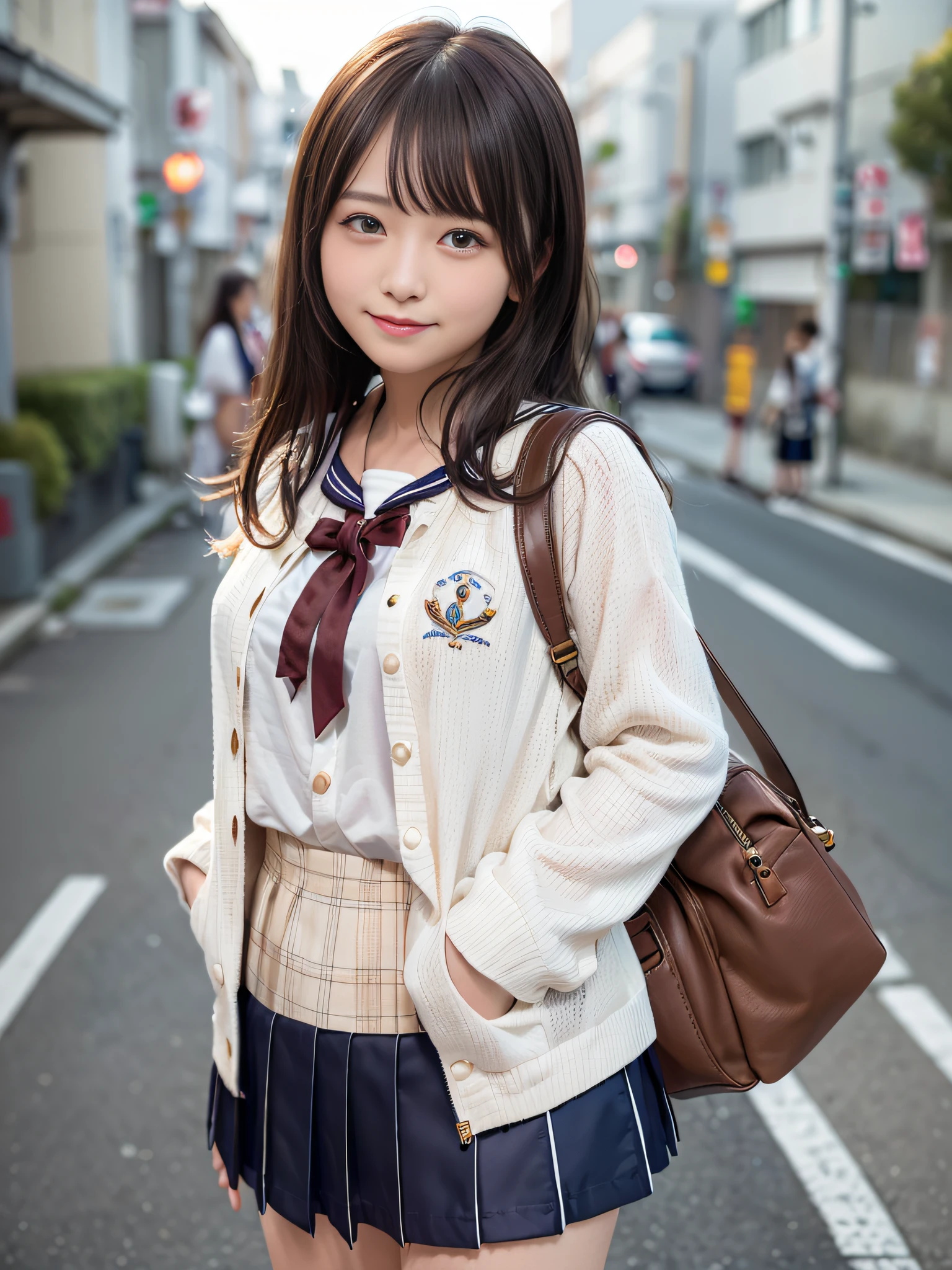 ​masterpiece、(top-quality:1.32), nffsw、( 超A high resolution: 1.3), (CG Unity 8k wallpapers:1.2), (Detailed eyes and skin:1.35), (detailed facial features:1.25), (Detailed eyes:1.36), precise and perfect human body structure, (Textured skin: 1.26), (Photorealistic Raw Photos: 1.27), award - winning photo, Depth of Picture, Shading by sunlight、
drooing eyes, long eyeslashes, bags under eyes, brown haired, thick bangs, curlyhair、shinny hair、Happy smiling face、Japanese ido、
((a sailor suit:1.2))、(Japan High School Girl：1.3), skirt by the、Street、traffic jam、