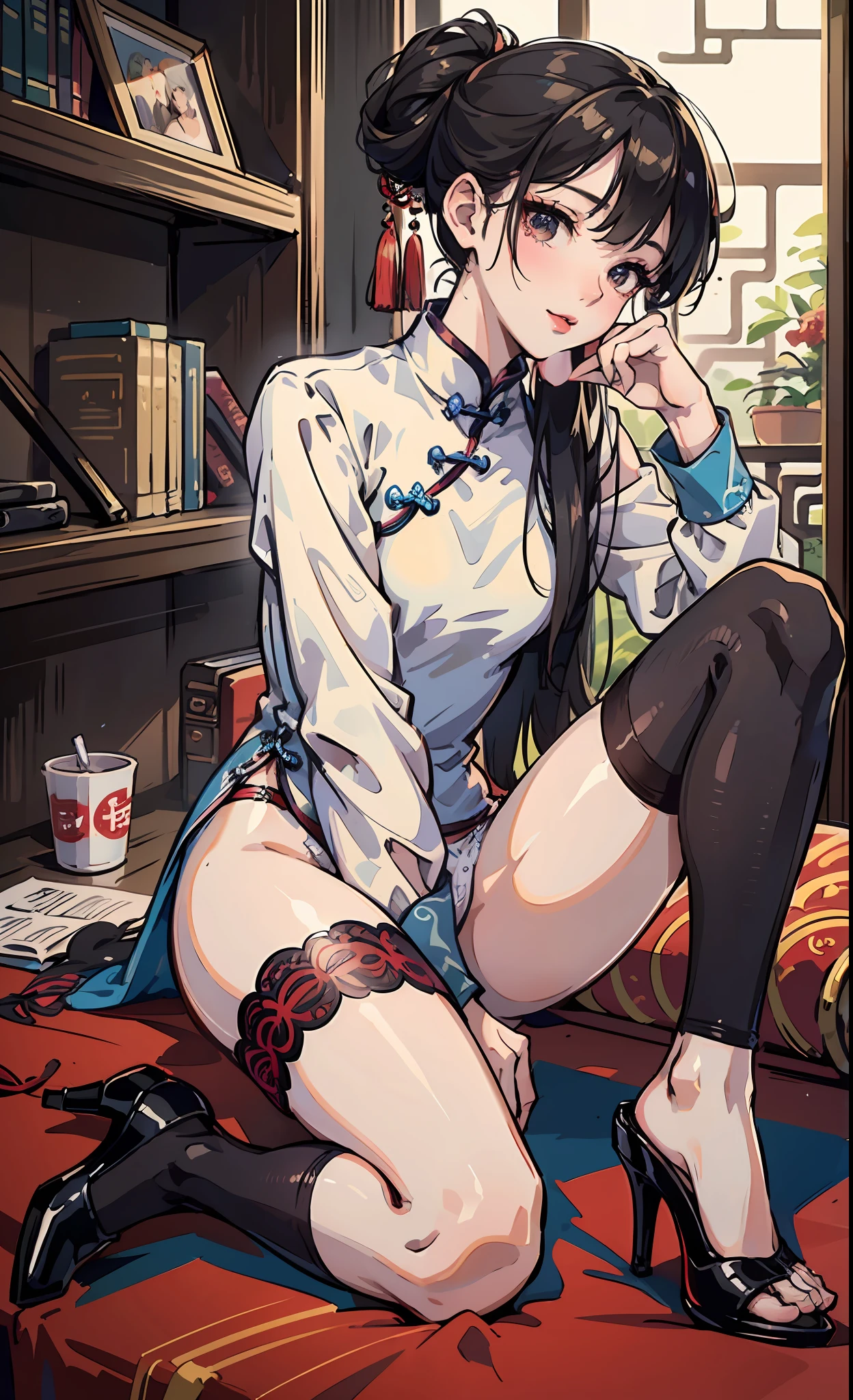 Cougar, uniform, stockings, high heels, real person, elegant posture, beautiful appearance, Chinese classical beauty, updo, cheongsam, sexy posture, HD, real photos, movie shots, legs apart, underwear exposed, lips slightly open, small tongue sticking out a little, delicate face, HD 8K, detail description, --auto --s2