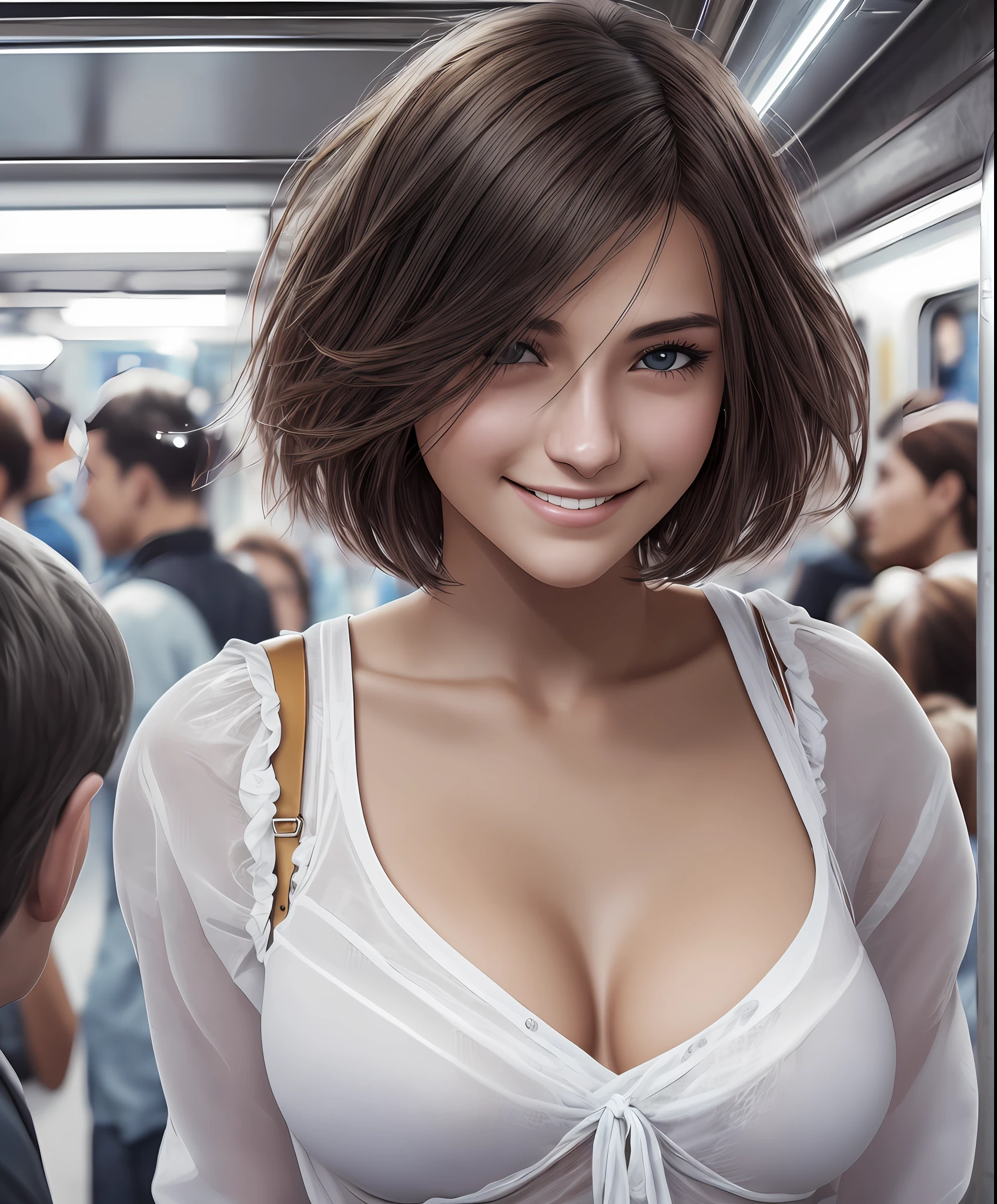 photorealistic, high contrast, 8k HD, detailed, hyper-detailed, best quality, ultra high res, raw photo, dramatic lighting, unreal engine, a very beautiful young smiling woman with a short hair, in the subway, crowded people, a large breast, wearing white shirts --auto --s2