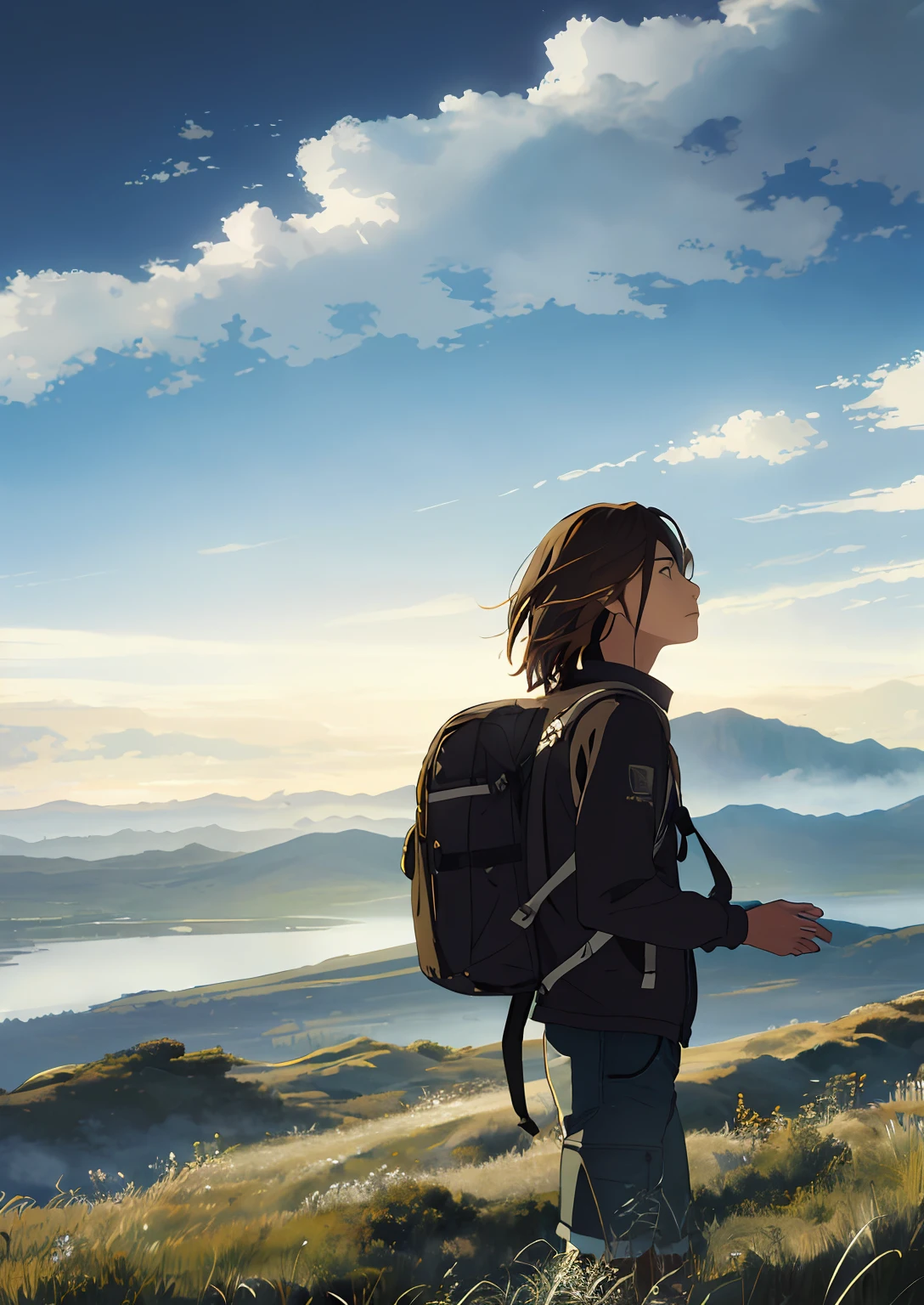 (beautiful and magnificent skyline、Majestic sky)、(extremely tense and dramatic pictures、the moving visual effects)、(high hanging Polaris、the colorful natural light)、(1male people)、(Long sleeve top、Shorts、Carrying a backpack)、(dynamicposes:1.3、Black-eyed men、(Large grasslands)、(Approaching breeze)、(Adjustment effect of brown hair and background:1.2)、(Close Shot、Long shot mix and match)[::0.9]