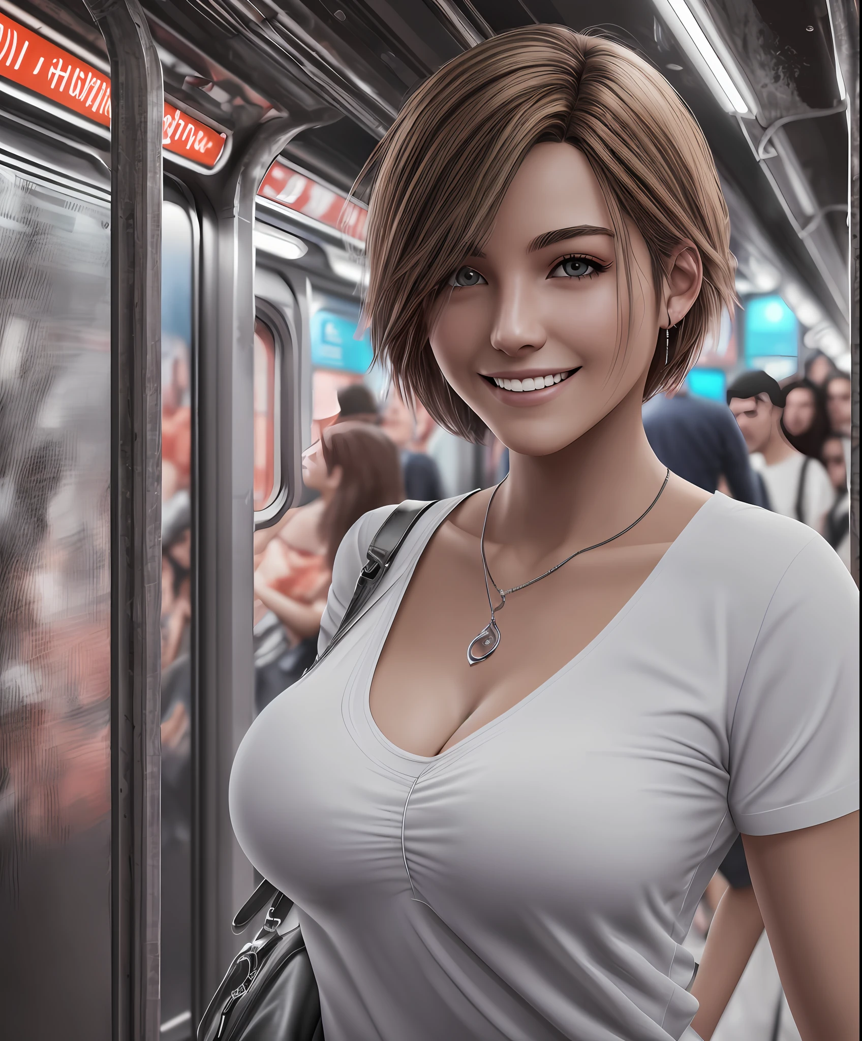 photorealistic, high contrast, 8k HD, detailed, hyper-detailed, best quality, ultra high res, raw photo, dramatic lighting, unreal engine, a very beautiful young smiling woman with a short hair, in the subway, crowded people, a large breast, wearing white shirts --auto --s2