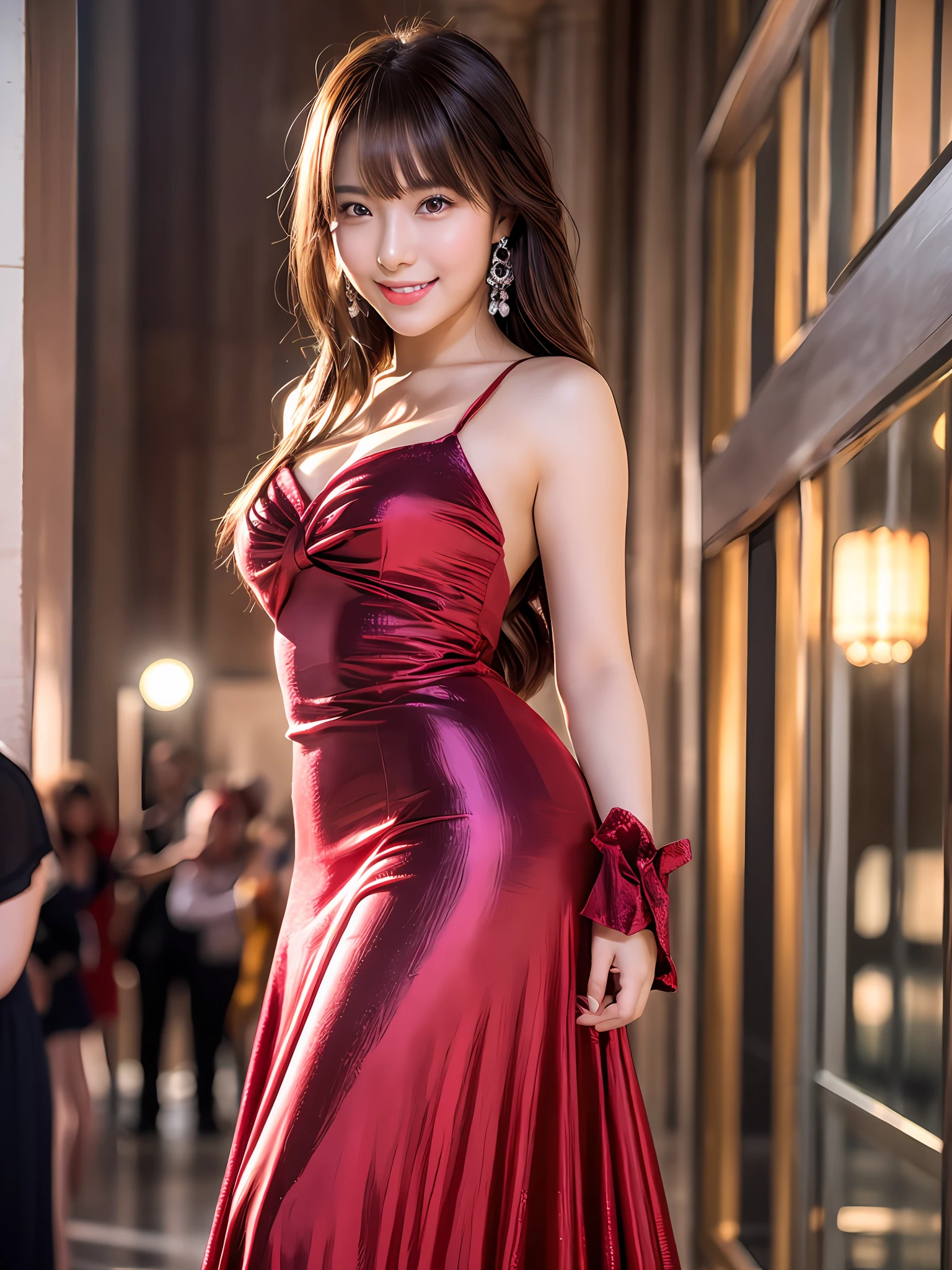 masterpiece, 1girl in 1photo, a Japanese cute girl, full body shot, front view, glamorous figure, wearing a shiny satin coral red evening dress in a crowd at the party at an European palace, ultra cute face, 18 years old, a big smile, shiny accessories, tied hair, beautiful makeup, double eyelids in both eyes, long eyelashes, shiny smooth light brown hair of shoulder length, asymmetrical bangs, tanned skin, staring at the camera, center image, 8K resolution, high detail, detailed hairstyle, detailed face, dark eyes, spectacular cinematic lighting, octane rendering, vibrant, hyper realistic, perfect limbs, perfect anatomy