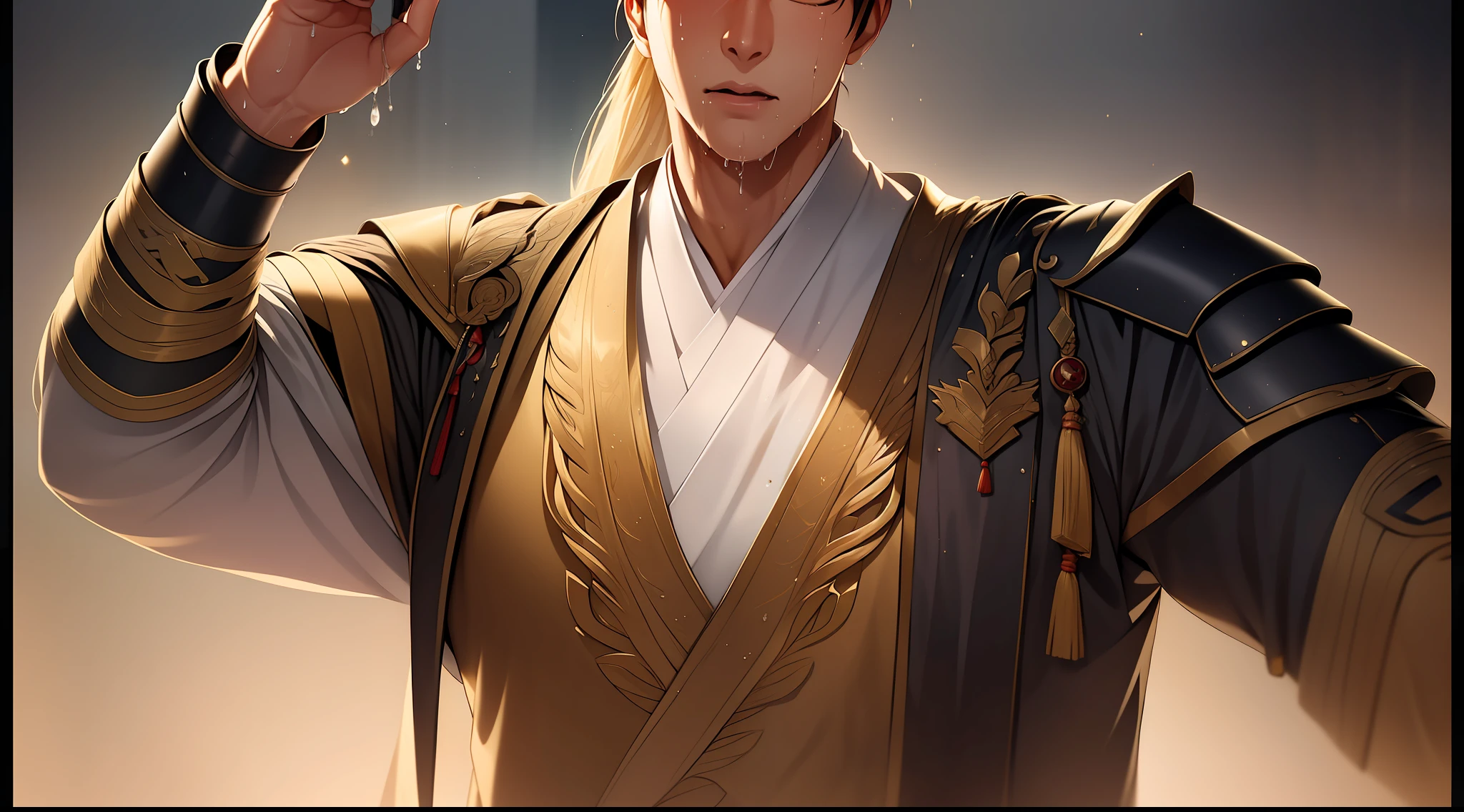 quadratic element,style of anime,mtu(Male Warrior),solo person,musculature,The proportions are correct,Face details,swordsmen,High ponytail hairstyle,perspired,Sweat on the face,drools,Neck details,There is an Adam's apple,Get wet,Drenched,Hanfu costume,kaftan,Embroidered robes,Robes,clothes details,Handing over,longer sleeves,Game quality,Swordsmanship,Light and shadow tracking,Ray traching,detailed glow,cg render,hair detail,cabelos preto e longos,Golden eyes,Sweat on the face,handsome,Handsome,Beads of sweat slipped down my neck,(juvenile sense),Clothing is complicated,Drenched,Get wet,Perfectcomposition,Refinement,high qulity,higher details,Lots of details,The background is complex,a sense of atmosphere,