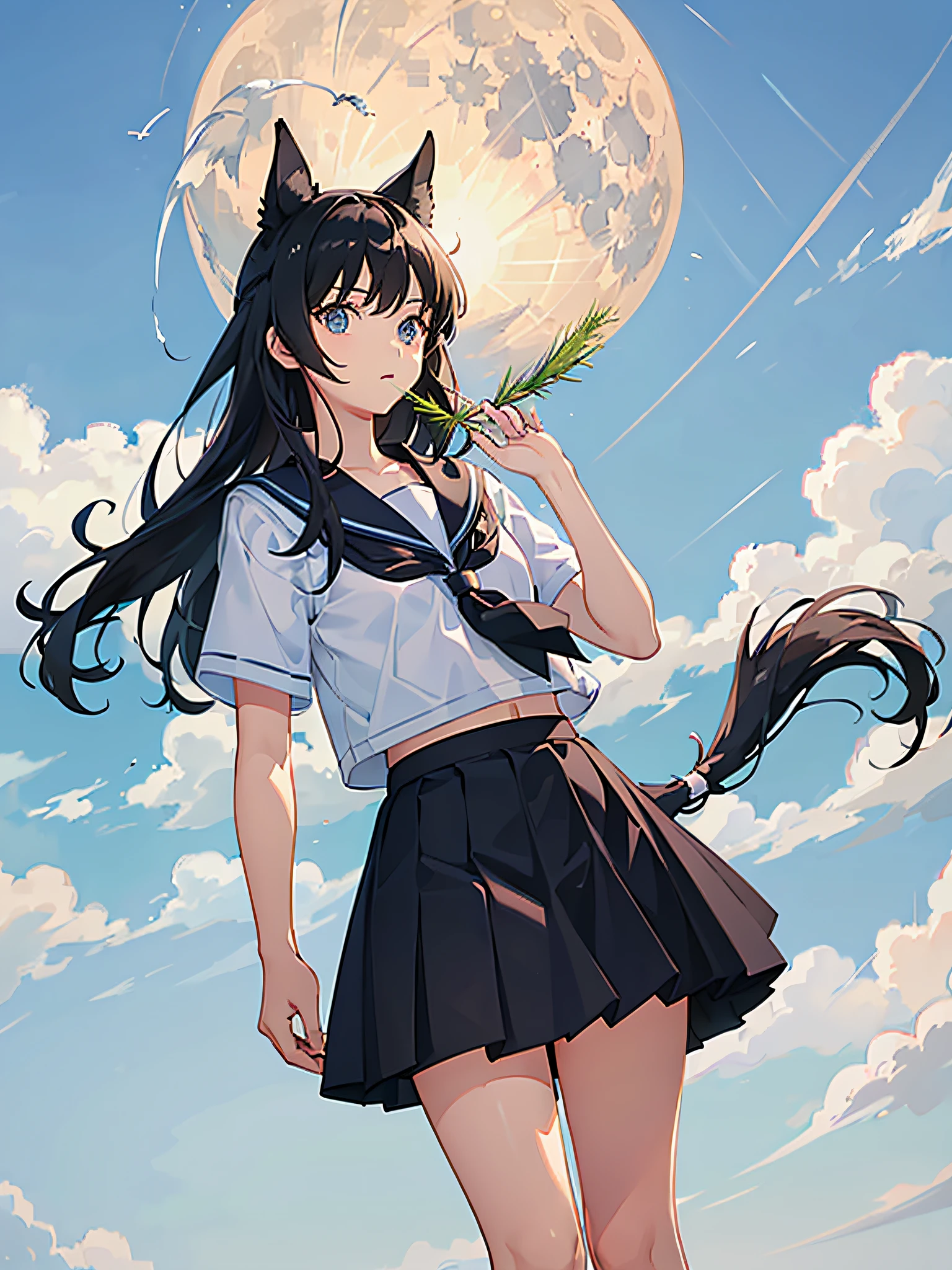 A school uniform girl with a dog's tail grass in her hand,Sky and Moon,A small amount of white space --auto