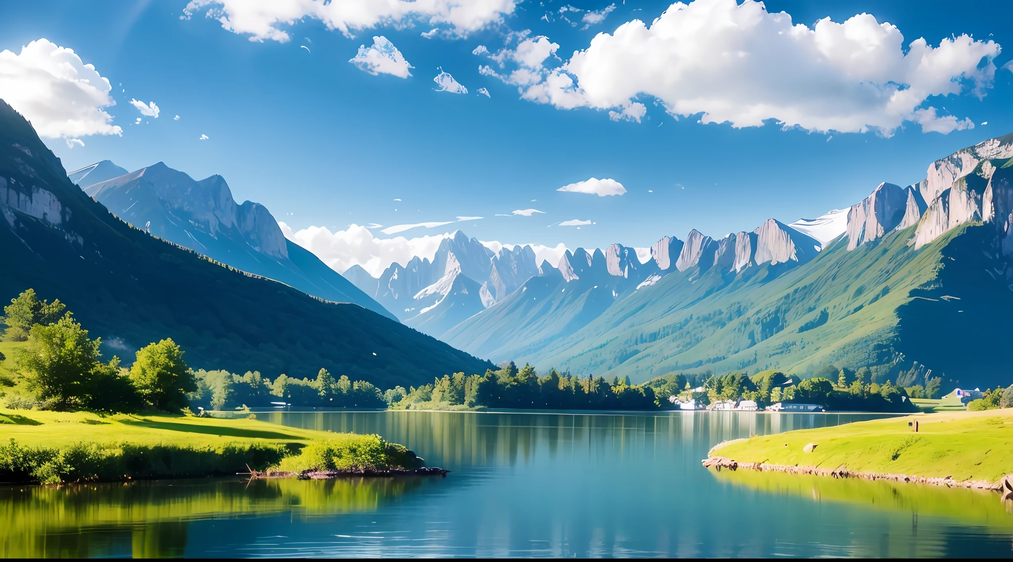 Wallpapers，Small Fresh，Eye protection，Standing on the lake's point of view，Green Mountains and Green Water，with blue sky and white clouds，Wide field of view，Alpine training
