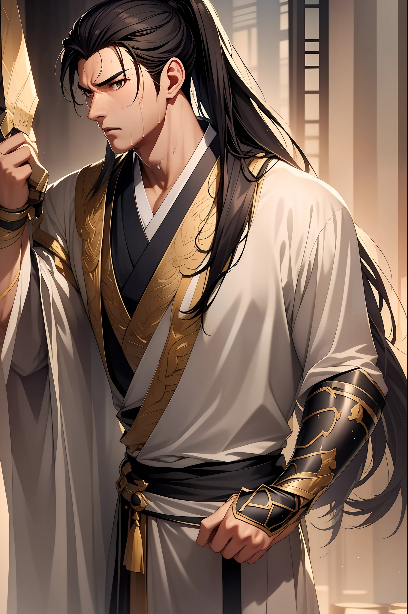 quadratic element，style of anime，mtu（Male Warrior），solo person，musculature，The proportions are correct，Face details，swordsmen，High ponytail hairstyle，perspired，Sweat on the face，drools，Neck details，There is an Adam's apple，Get wet，Drenched，Hanfu costume，kaftan，Embroidered robes，Robes，clothes details，Handing over，longer sleeves，Game quality，Swordsmanship，Light and shadow tracking，Ray traching，detailed glow，cg render，hair detail，cabelos preto e longos，Golden eyes，Sweat on the face，Handsome，Handsome，Beads of sweat slipped down my neck，（juvenile sense），Clothing is complicated，Drenched，Get wet，Perfectcomposition，Refinement，high qulity，higher details，Lots of details，The background is complex，a sense of atmosphere，