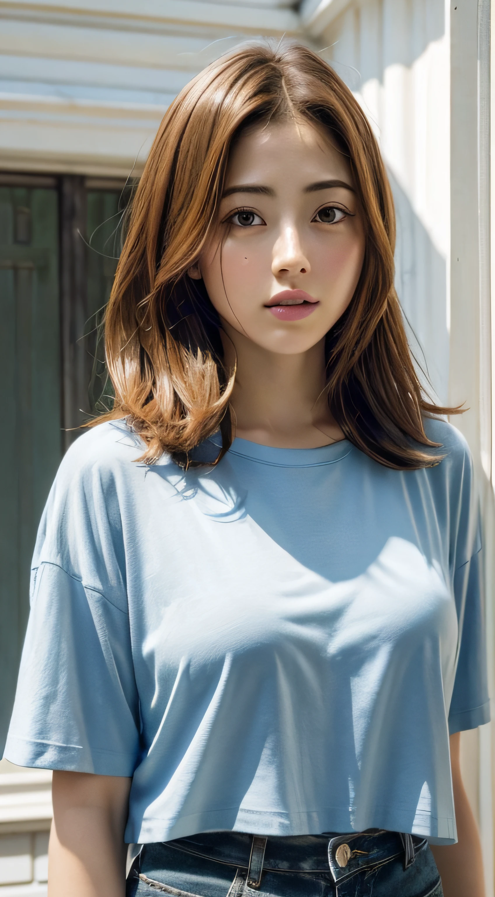 doress、(Photorealsitic:1.4)、(hyper realisitic:1.4)、(realisitic:1.3)、(Smooth lighting:1.05)、(Improved lighting quality in movies:0.9)、32K、1girl in、20 years girl、Realistic lighting、Back lighting、Facial light、raytrace、(brightened light:1.2)、(enhanced quality:1.4)、(Top quality real texture skins:1.4)、finely eye、finerly detailed face、Fine quality eye、(Tired, sleepy and satisfied:0.0)、 close up of face、tshirts、(enhance body line mood:1.1)、(Increase the beauty of skin texture:1.1)、((Satomi Ishihara))、