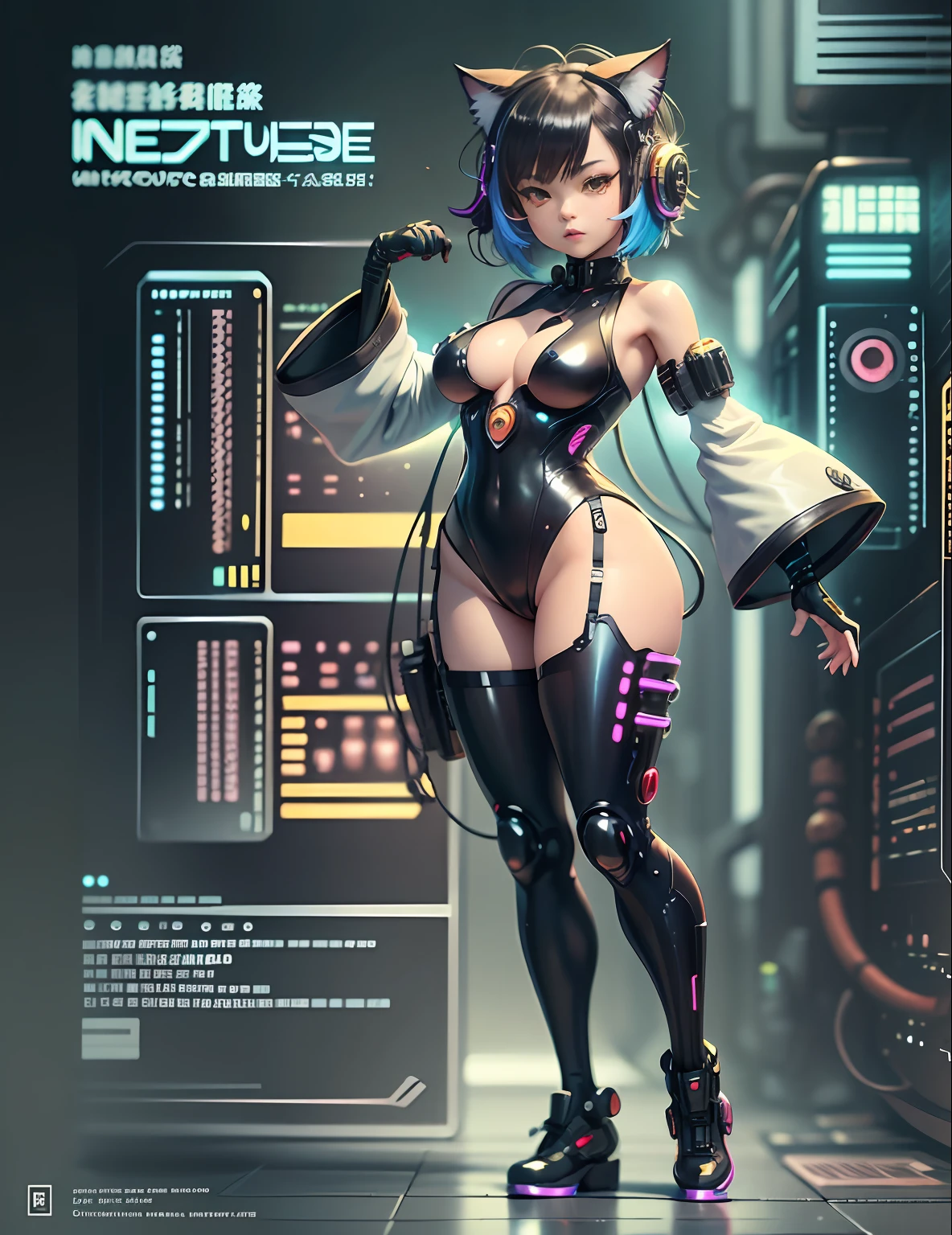 『Cyberpunk Nekomata Neko Musume Japan』Cartoon-style character sheet,animesque,front side and back, Full body, Colorful cyberpunk bodysuit, White and black background, equipment, arma, Detailed, Convoluted, Cinematic lighting