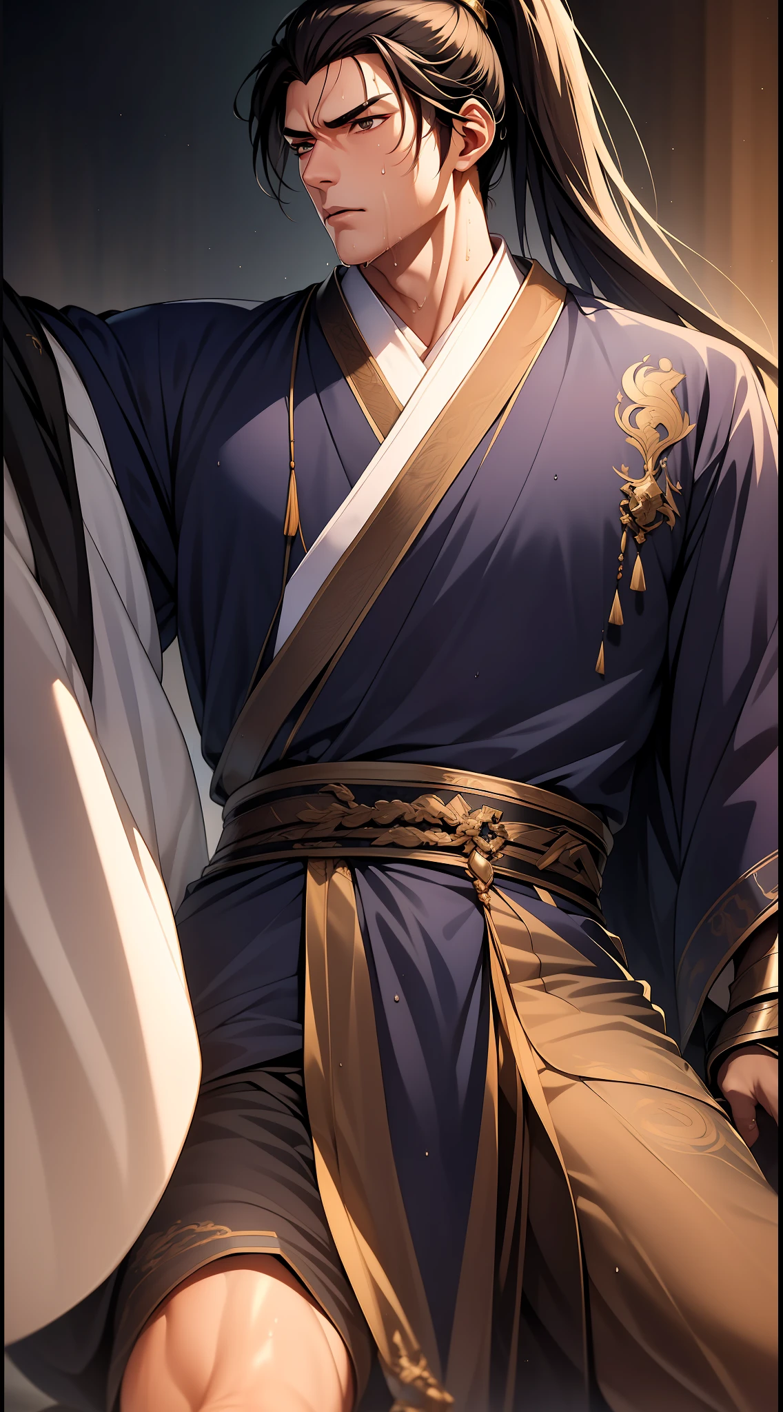 quadratic element,style of anime,mtu(Male Warrior),solo person,musculature,The proportions are correct,Face details,swordsmen,High ponytail hairstyle,perspired,Sweat on the face,drools,Neck details,There is an Adam's apple,Get wet,Drenched,Hanfu costume,kaftan,Embroidered robes,Robes,clothes details,Handing over,longer sleeves,Game quality,Swordsmanship,Light and shadow tracking,Ray traching,detailed glow,cg render,hair detail,cabelos preto e longos,Golden eyes,Sweat on the face,Handsome,Handsome,Beads of sweat slipped down my neck,(juvenile sense),Clothing is complicated,Drenched,Get wet,Perfectcomposition,Refinement,high qulity,higher details,Lots of details,The background is complex,a sense of atmosphere,