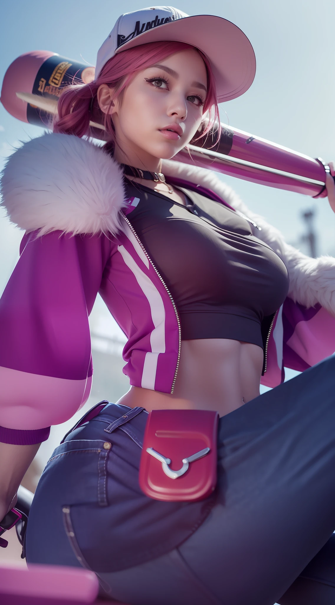 ((Best Quality, 4K, Masterpiece: 1.3)), (Detailed: 1.4), a woman in a pink outfit holding a baseball bat, fuchsia skin below the armor, fuchsia skin, fuchsia skin beneath the armor, smooth fuschia skin, a woman with Pink hair and White ballon gum, ballon gum on the mouth, punk girl style, with waist bag, Pink baseball bat, baseball bat ironi, denim pants, with cover revolver, head with hat, big breast, huge breast, big butt, big booty, Nice thigh, 4K, HD, Ultra Realistic, extremely detailed