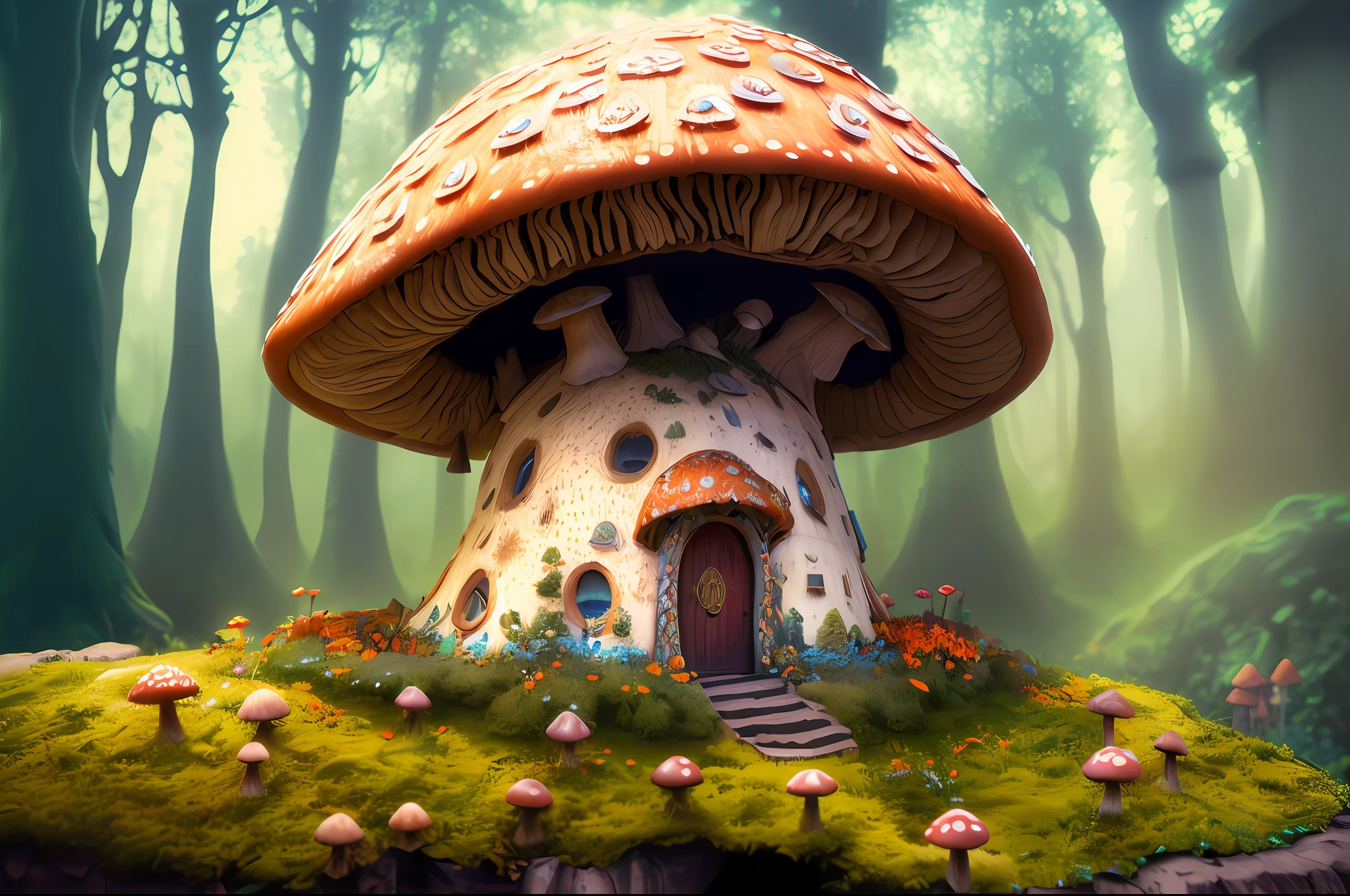 there is a mushroom house with a door and steps in the woods, mushroom house, mushroom houses, houses in the shape of mushrooms, slavic city. big mushrooms, mushroom city, stylized 3d render, 3 d render stylized, rolands zilvinskis 3d render art, fantasy house, mushroom, giant mushroom, mushroom forest, realistic fantasy render