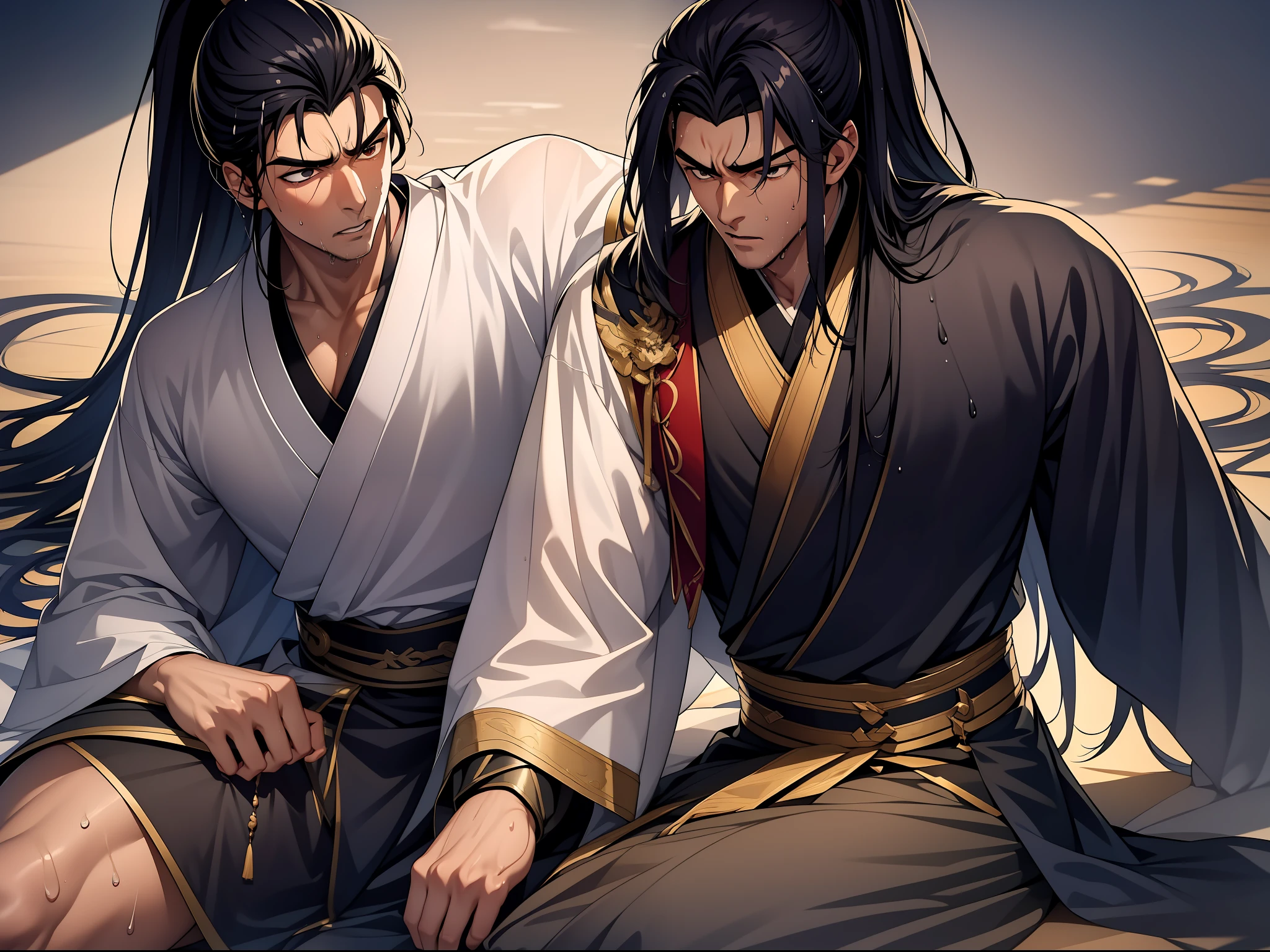 Two-dimensional, anime style, man (male warrior), muscle, correct proportions, face details, martial arts, high ponytail hairstyle, sweating, sweaty face, drooling, neck details, with Adam's apple, wet, wet, Hanfu costume, long robe, embroidered robe, dragon robe, clothing details, collar, long sleeves, game quality, swordsman demeanor, light and shadow tracing, ray tracing, detail glow, CG rendering, hair details, long black hair, golden eyes, sweaty face, handsome, handsome, sweat beads slipping down the neck, (juvenile feeling), complex clothing, wet, wet, perfect composition, refinement, high quality, more details, a lot of details, complex background, atmosphere,