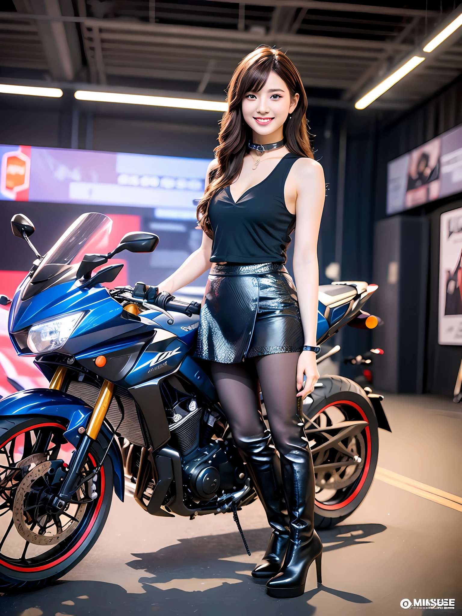 masutepiece, 1girl in 1photo, a Japanese cute girl, Full body shot, Front view, Glamorous figure, Wearing a satin deep blue jacket over a sleeveless black blouse with collar、At an indoor motorcycle show in a crowd, Wearing a satin deep blue miniskirt, Wearing long boots, Colored in black and dark blue, Standing to pose surrounded by motorcycles with a big smile, Colored in black and dark blue, hyper cute face, 18 years old, Glossy accessories, Double eyelids in both eyes, long eyelashes, shiny smooth light brown hair of shoulder length, asymmetrical bangs, Tanned skin, staring directly at camera, Center Image, 8K resolution, high detailing, detailed hairstyle, Detailed face, Dark eyes, spectacular movie lighting, Octane Rendering, Vibrant, Hyper realistic, Perfect limbs, Perfect Anatomy