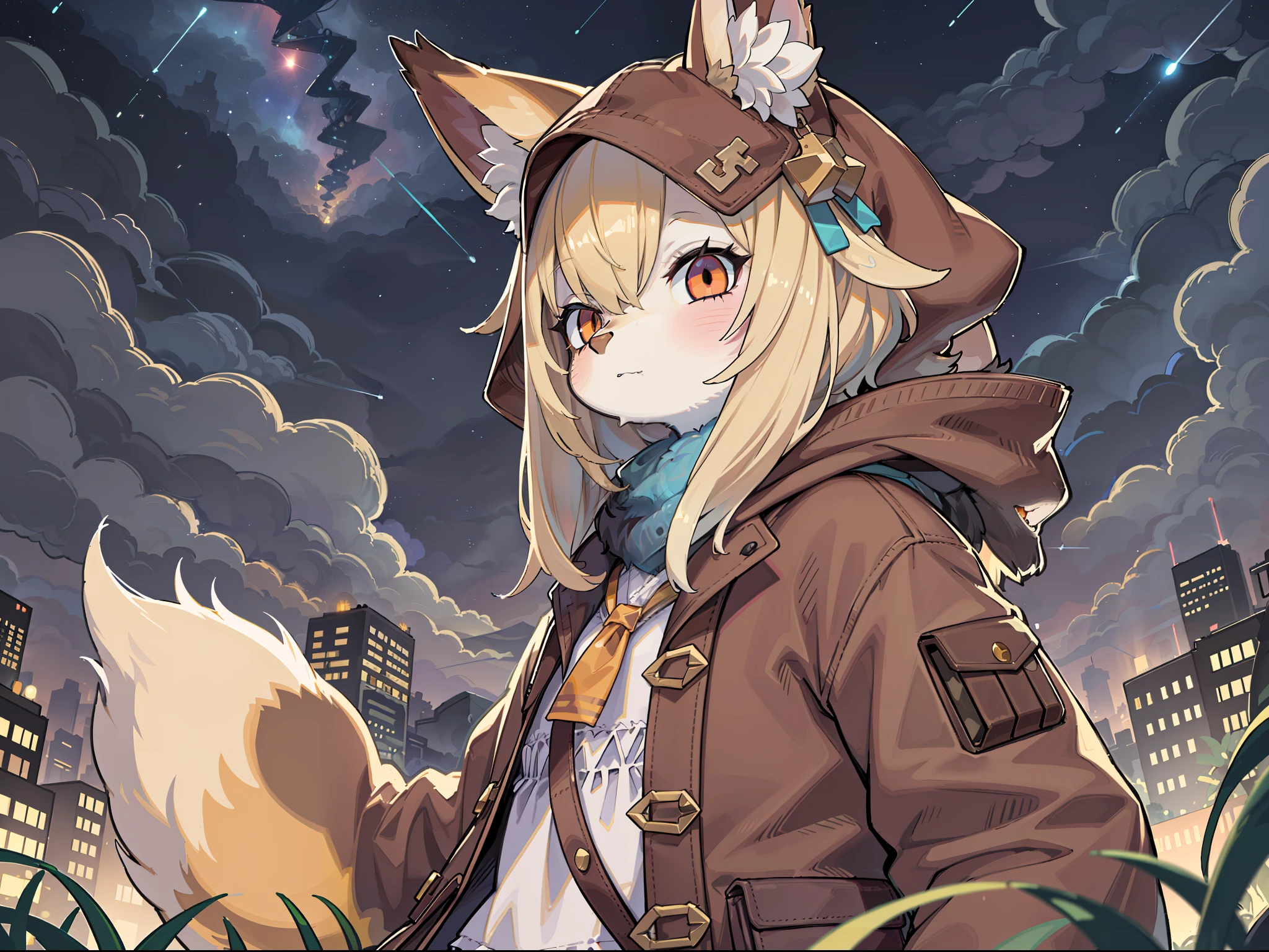 Shota the fox,hairy pubic,shaggy,Skin fur,Golden fur,Golden yellow face fur,Short straight blonde hair,Eyes have light,Red eyes,Brown elements on fur,Brown coat brown hood up,Star pattern white top,brown shorts,Beautiful lights and shadows,Ambient light,Ultra-fine fur,volumettic light,natural lightting,Fluffy tail,Post-apocalyptic city ruled by plants,Night,starrysky,Vast landscape,crossed bangs, Hairline, Shiny hair, lone nape hair, ,Dilated pupils,Sleepy,(moon full:1.2),(meteors:0.9),(Starcloud:1.3)(Warm light source:1.2),Rained,wetclothes, (overcast sky, Standing downpour:1.1), Extra-long sleeves, Purple and orange,Complicated details,Volumetriclighting,Realist breakthrough(tmasterpiece:1.2)(best qualtiy),4K,Ultra-delicate,(Dynamic configuration:1.4),Highly detailed and colorful details,(Irridescent color :1.2),(luminouslighting,Atmospheric lighting),dream magical,magic,(独奏:1.2)Glowing light,Empty eyes