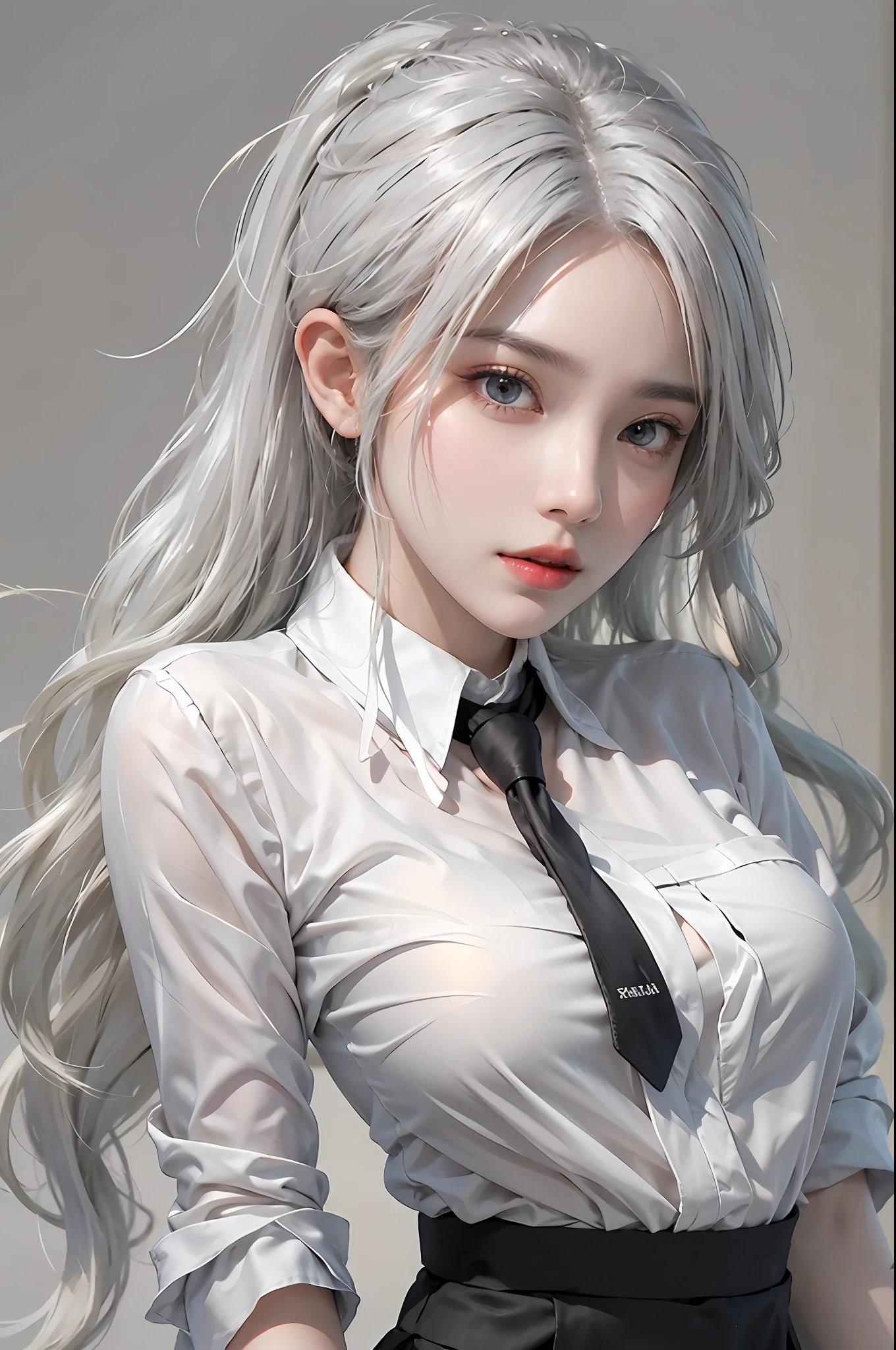 photorealistic, high resolution, 1 woman, hips up, beautiful eyes, white hair, long hair, ringed eyes, collared shirt, black necktie,black skirt, pencil skirt