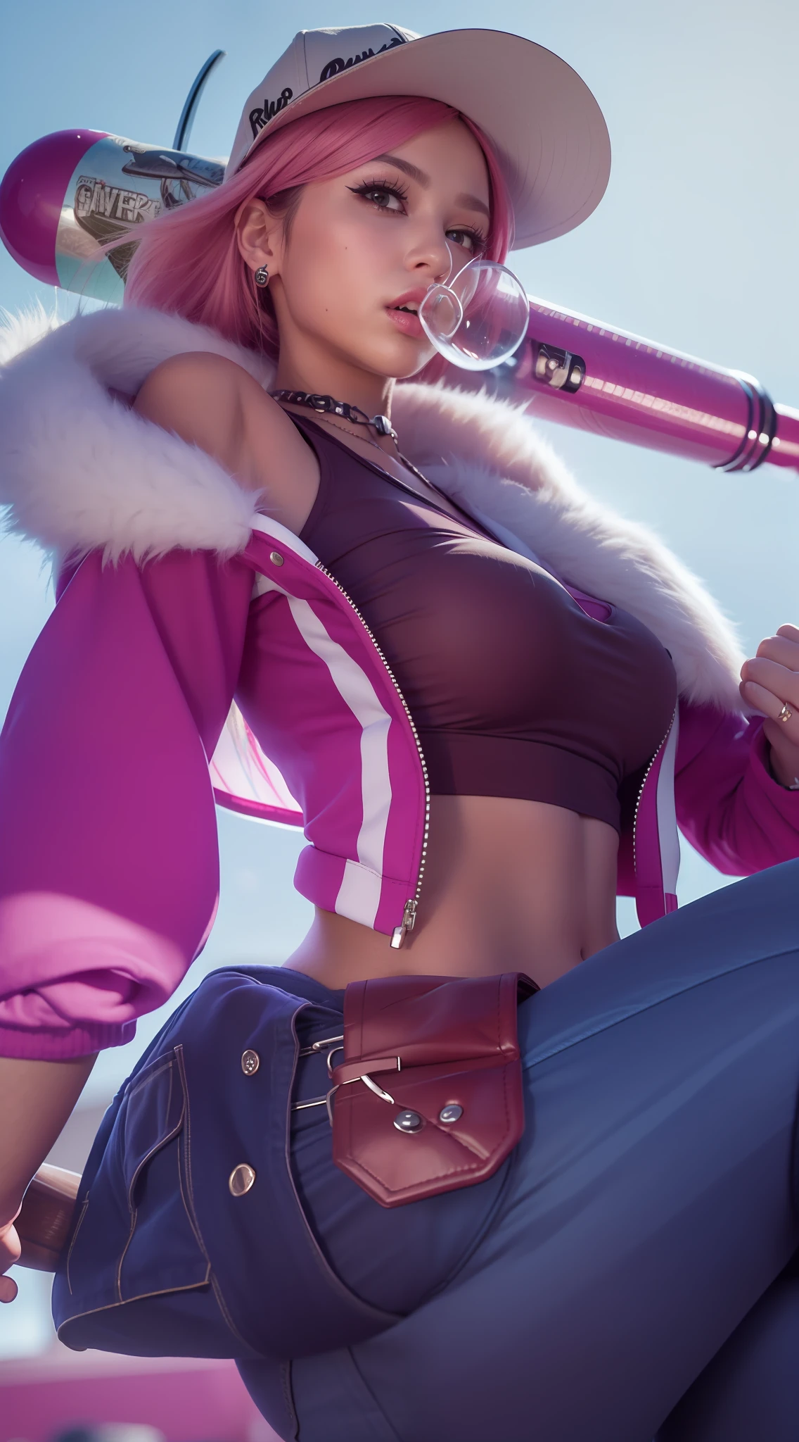 ((Best Quality, 4K, Masterpiece: 1.3)), (Detailed: 1.4), a woman in a pink outfit holding a baseball bat, fuchsia skin below the armor, fuchsia skin, fuchsia skin beneath the armor, smooth fuschia skin, a woman with Pink hair and White bubble gum, bubble gum on the mouth, punk girl style, with waist bag, Pink baseball bat, baseball bat ironi, denim pants, with cover revolver, head with hat, big breast, huge breast, big butt, big booty, Nice thigh, 4K, HD, Ultra Realistic, extremely detailed