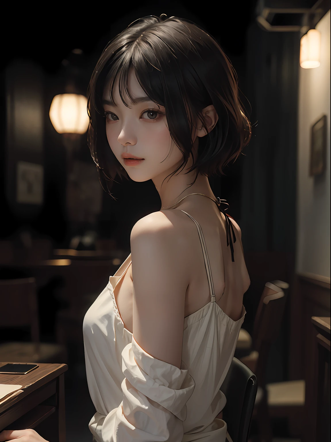 best qualtiy,tmasterpiece,超高分辨率,(fidelity:1.4),RAW photogr,1 girl,cropped shoulders,In the dark,low tune,short detailed hair。