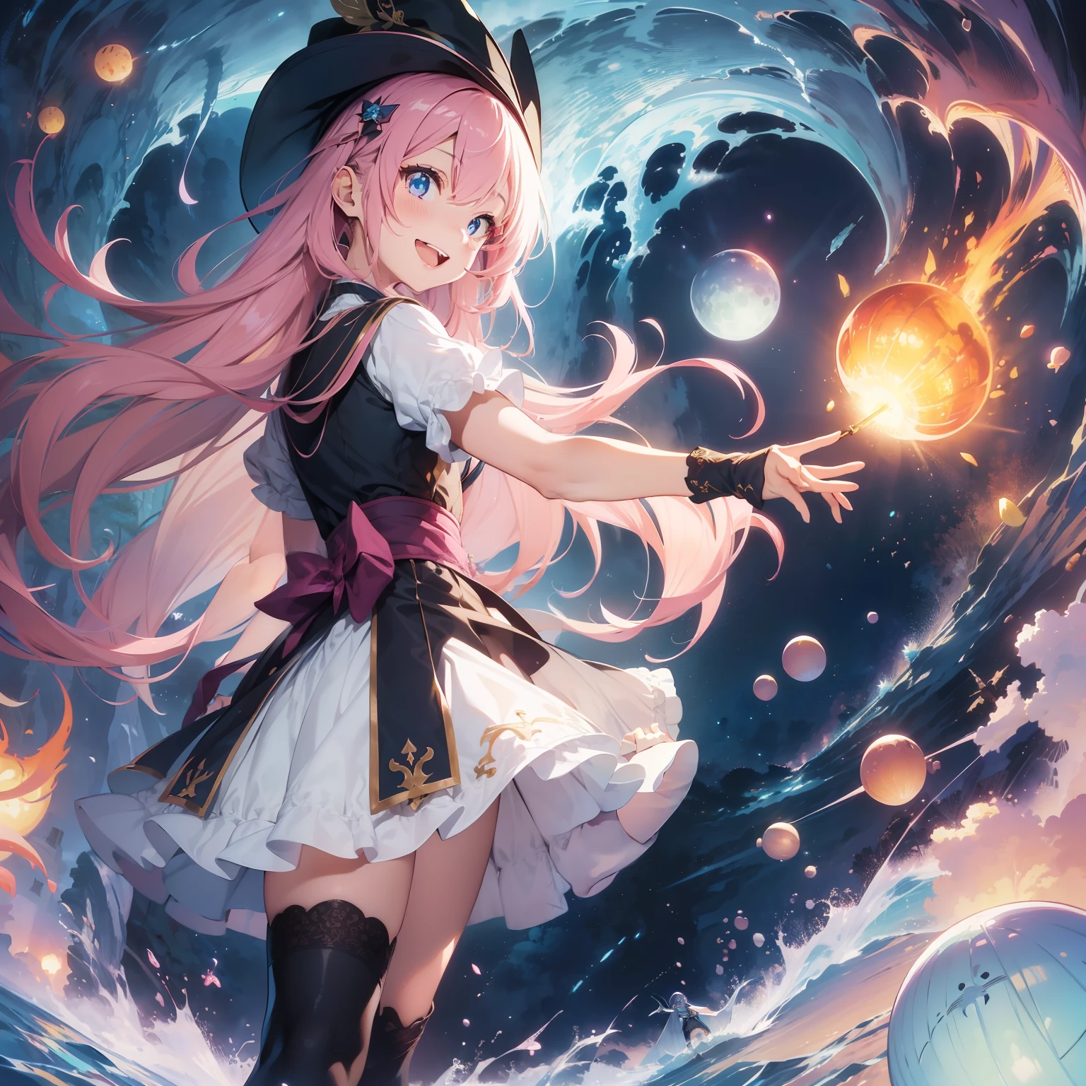 (superfine illustration:1.2),(masutepiece, 8K), (Best Quality, High quality:1.4), portlate、((Super Pastel)),Perfect Anatomy, Hyper Detailed, ultra-detailliert,masterpiece background,beautiful detailed background, V8K Wallpapers,perfect design, 1girl in, Solo, (Outstretched arms,slender, Very short sleeves,Pink hair,Wizard's Clothing, Lots of lace patterns、Outstanding smile、 frombelow, Cowboy Shot:1.2), (lightsmile, Open mouth, , Pink hair, (Super long hair,Twin-tailed), Blue eyes, Blue eyes, Light blue blouse, Short sleeves, Adventurer-style wizard costume、Pretty Witch、 long boots, Slender girl), (Fairy land in the fantasy world of medieval Europe)、Hold your hands over your head、On the hand held up makes a huge fireball larger than her body、Magic wand in one hand