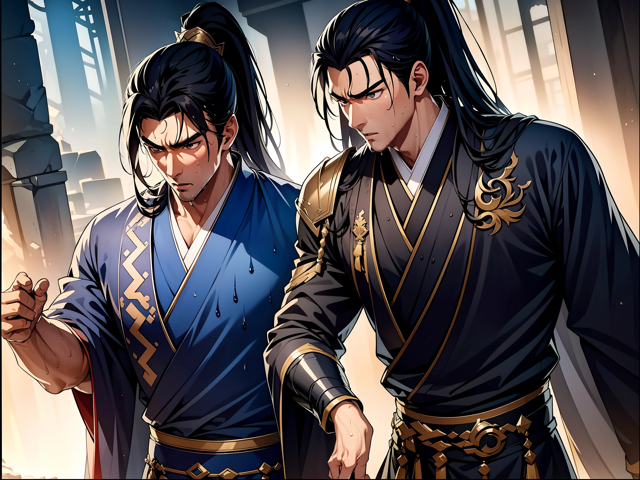 Two-dimensional, anime style, man (male warrior), muscle, correct proportions, face details, martial arts, high ponytail hairstyle, sweating, sweaty face, drooling, neck details, with Adam's apple, wet, wet, Hanfu costume, long robe, embroidered robe, dragon robe, clothing details, collar, long sleeves, game quality, swordsman demeanor, light and shadow tracing, ray tracing, detail glow, CG rendering, hair details, long black hair, golden eyes, sweaty face, handsome, handsome, sweat beads slipping down the neck, (juvenile feeling), complex clothing, wet, wet, perfect composition, refinement, high quality, more details, a lot of details, complex background, atmosphere,